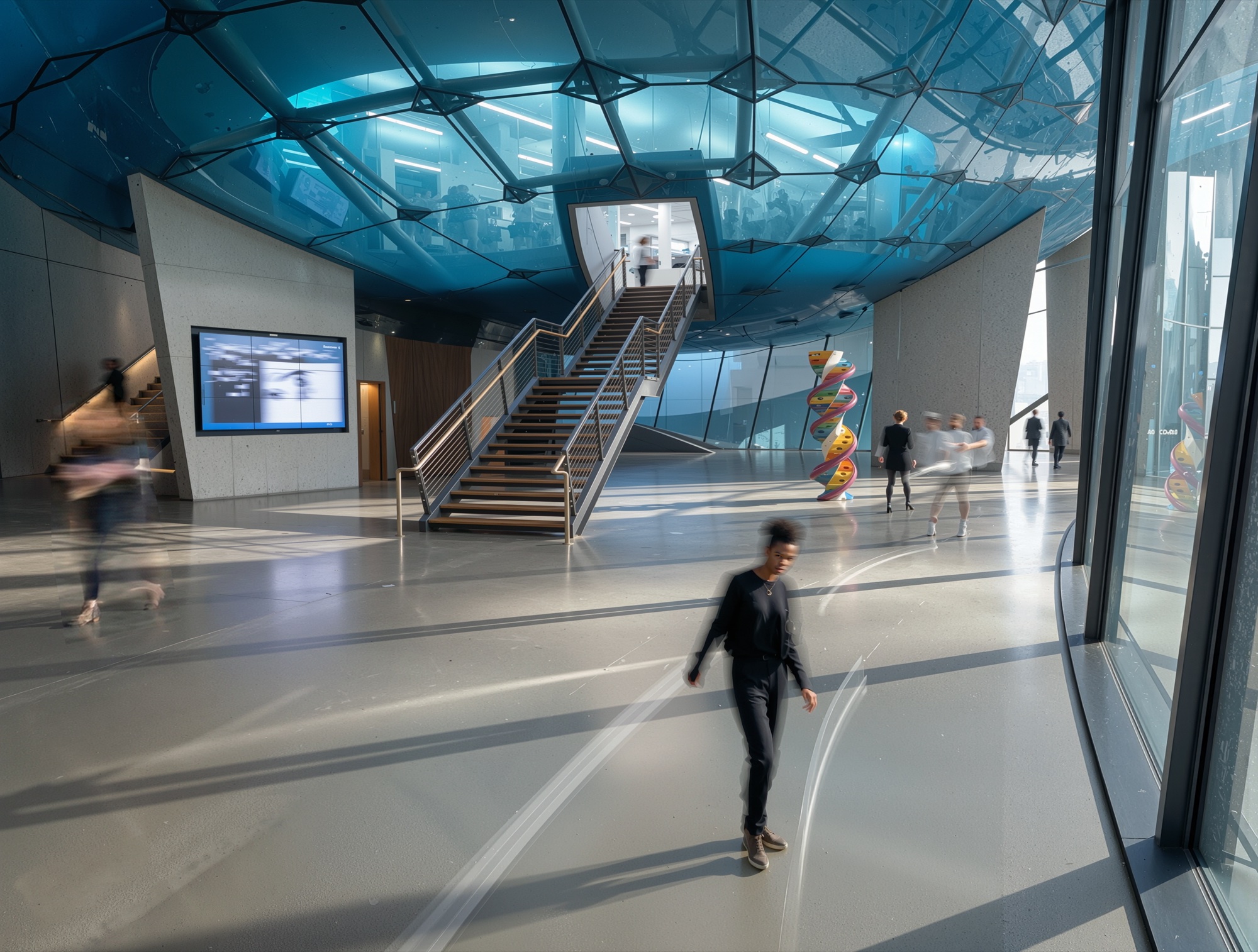 Main lobby beneath a faceted blue glass canopy ceiling with central staircase, polished floors, and visitors in motion