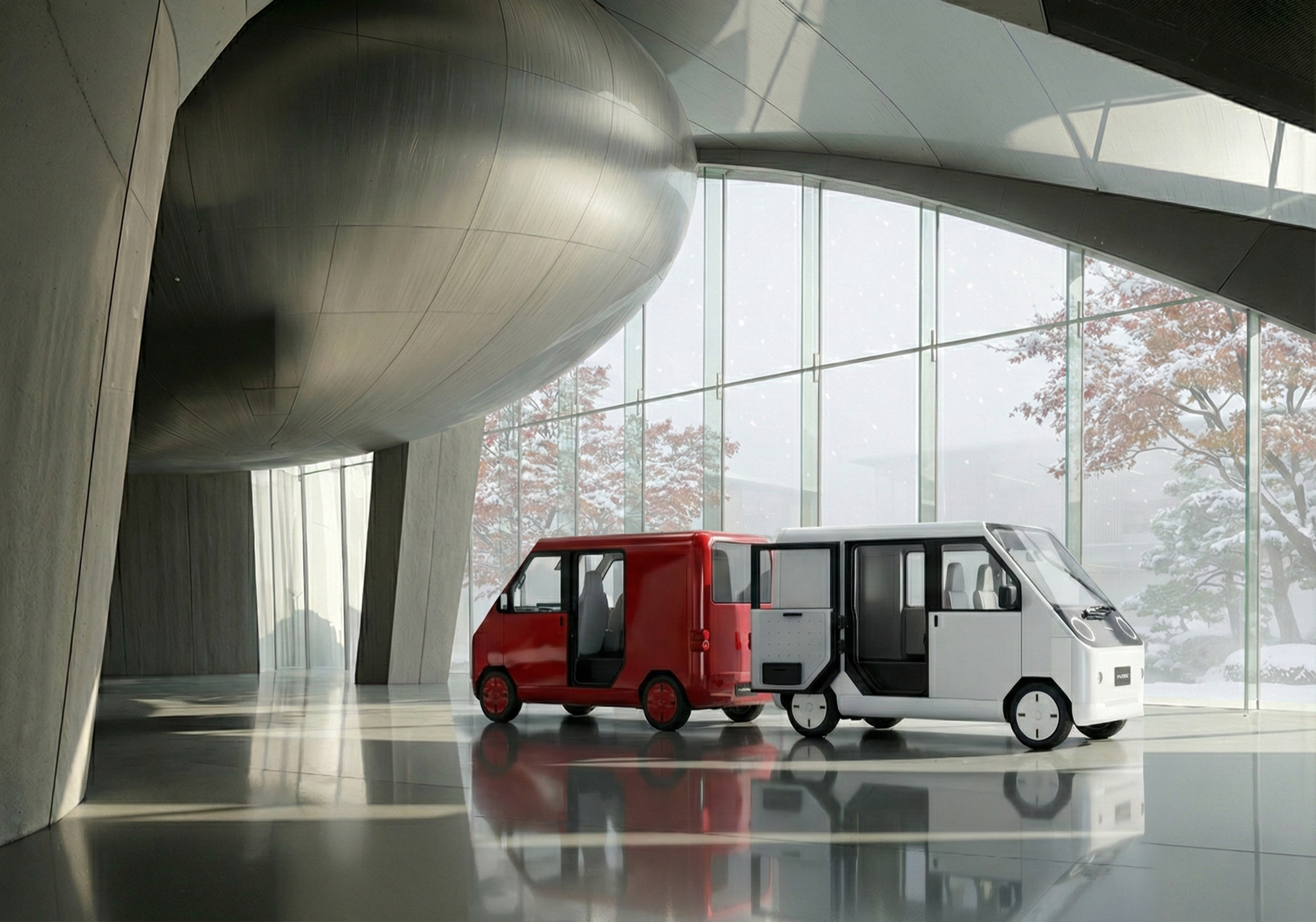 Showroom interior with sweeping sculptural ceiling form, vehicles on display, and floor-to-ceiling glazing framing a winter landscape