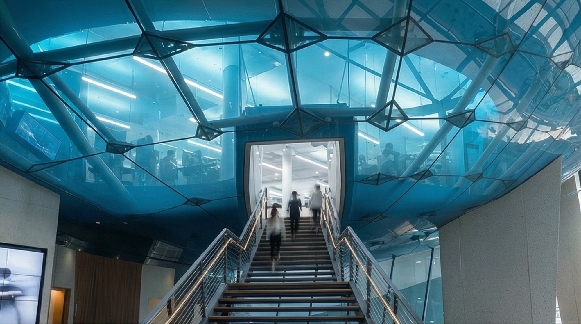 Staircase ascending through the faceted blue glass canopy structure with visitors walking upward