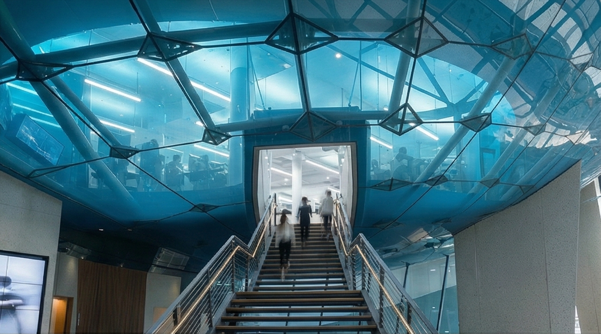 Staircase ascending through the faceted blue glass canopy structure with visitors walking upward