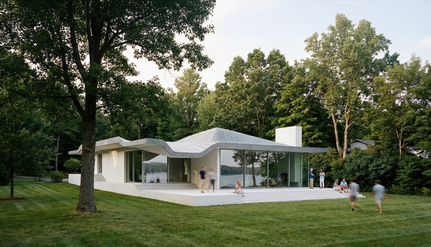 Exterior view of Lakeview House from the garden showing the sculptural zinc roof and full-height glazing