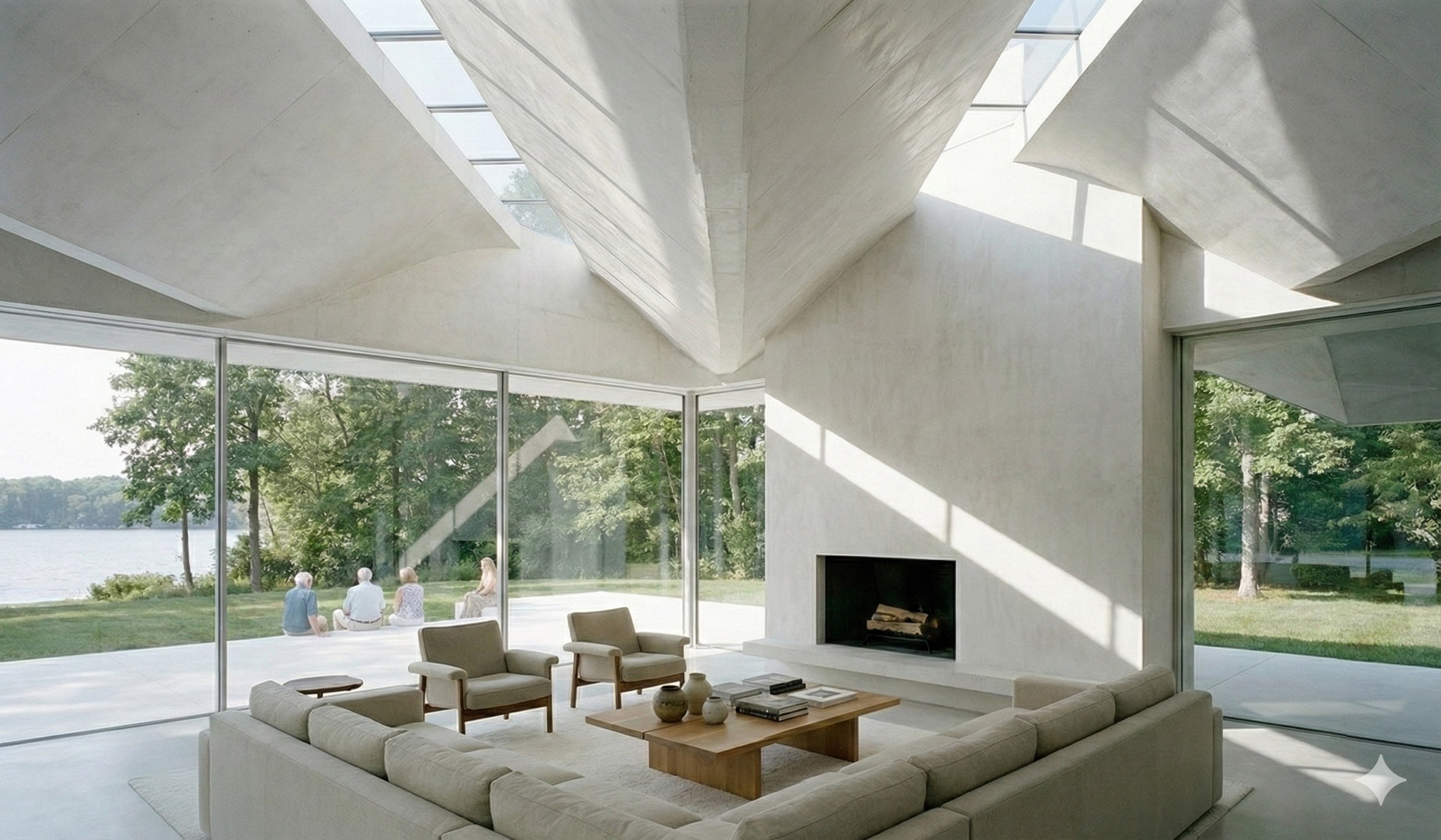 Interior lounge area with sculptural white vaulted ceiling, linear skylights casting dramatic light, a minimalist fireplace, and glass walls opening to the lakeside garden