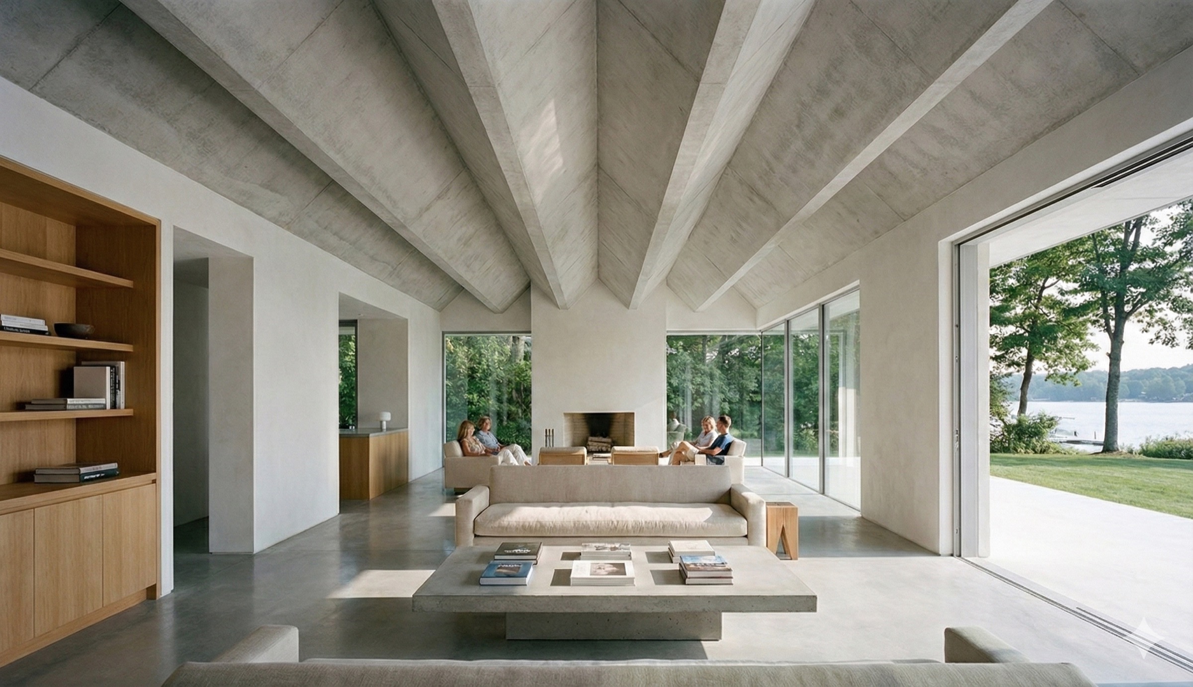 Interior living room of Lakeview House with soaring vaulted concrete ceilings, built-in walnut shelving, and floor-to-ceiling glass walls framing lake and garden views