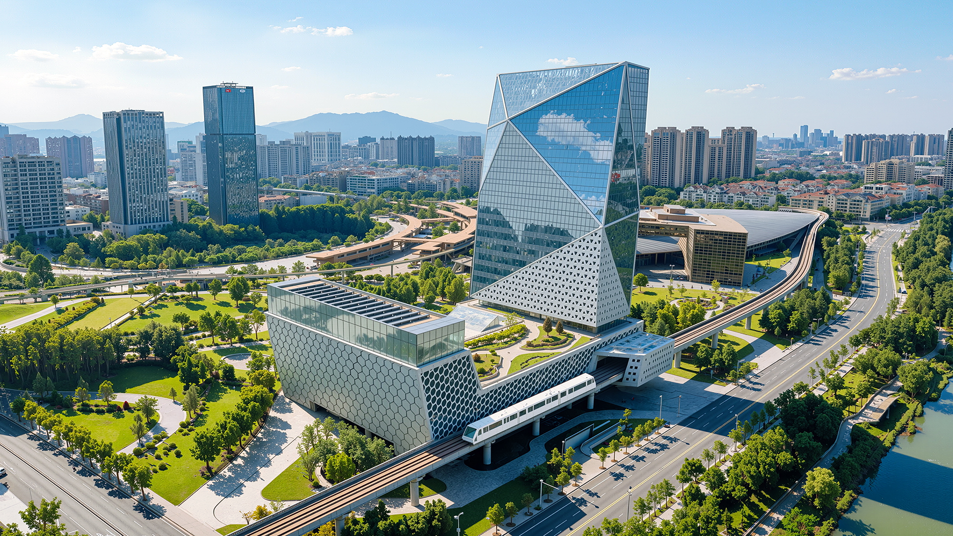 Aerial view of Langham Place Changsha with faceted glass tower and geometric podium set within the Changsha cityscape