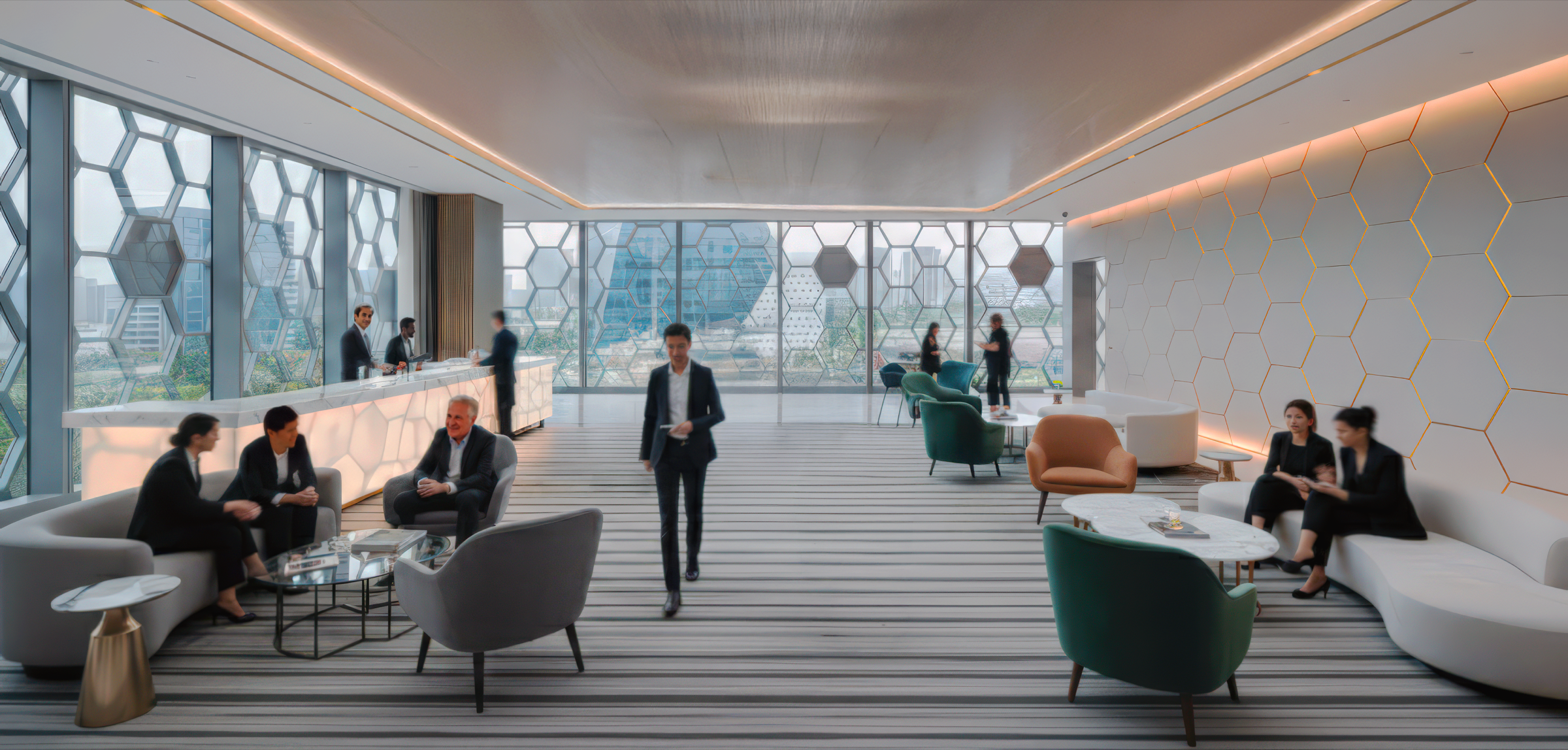 Upper-level executive lounge with hexagonal glazing facade, reception desk, teal and grey designer seating, striped floor, and panoramic city views through the honeycomb window wall