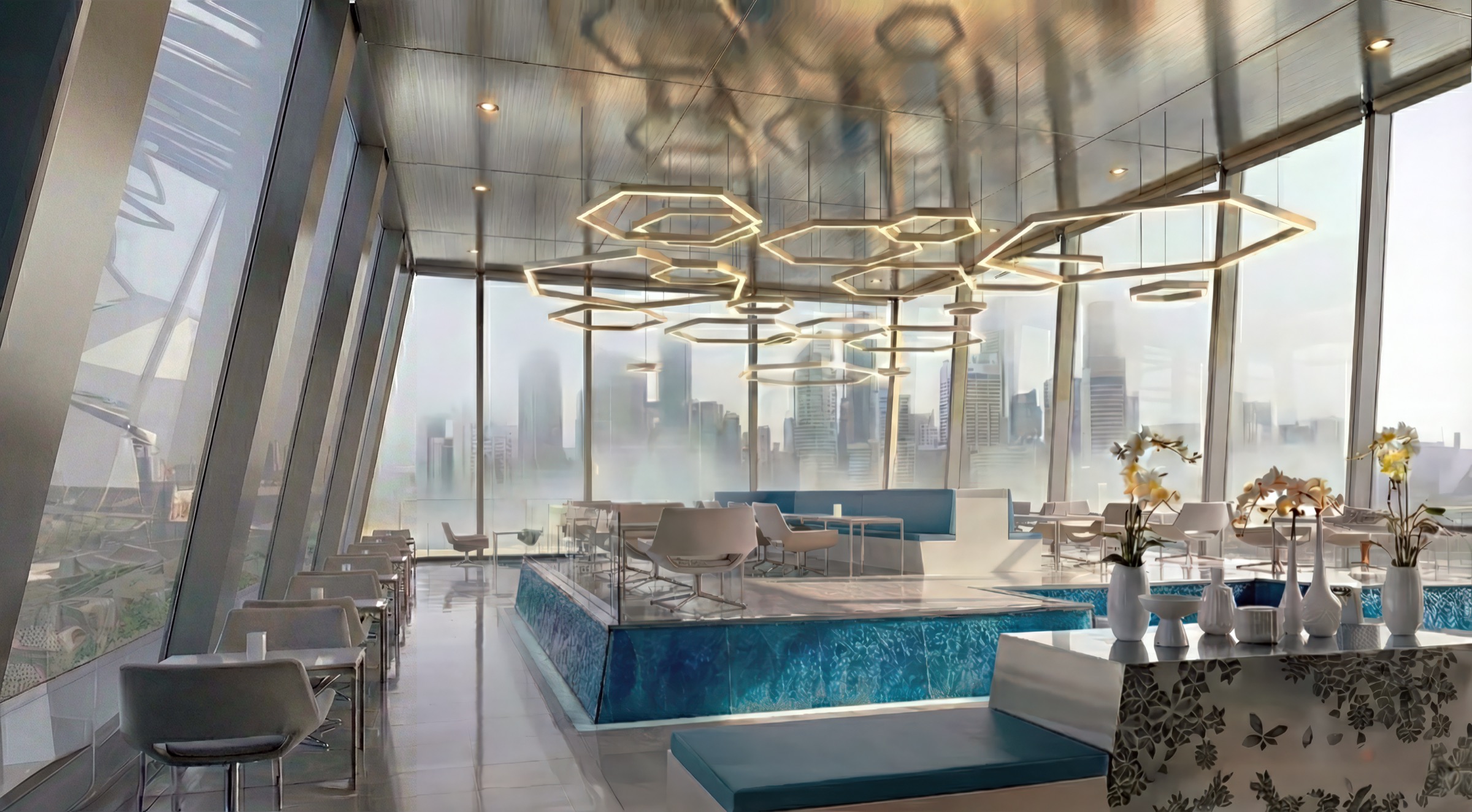 Skyline rooftop restaurant and bar with hexagonal sculptural light fixtures suspended above an illuminated turquoise bar counter, panoramic glazing revealing the Changsha skyline in haze
