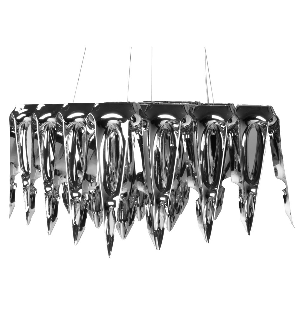 Horizontal pendant assembly of LQ modules showing the tulip-shaped chrome forms suspended on steel cords