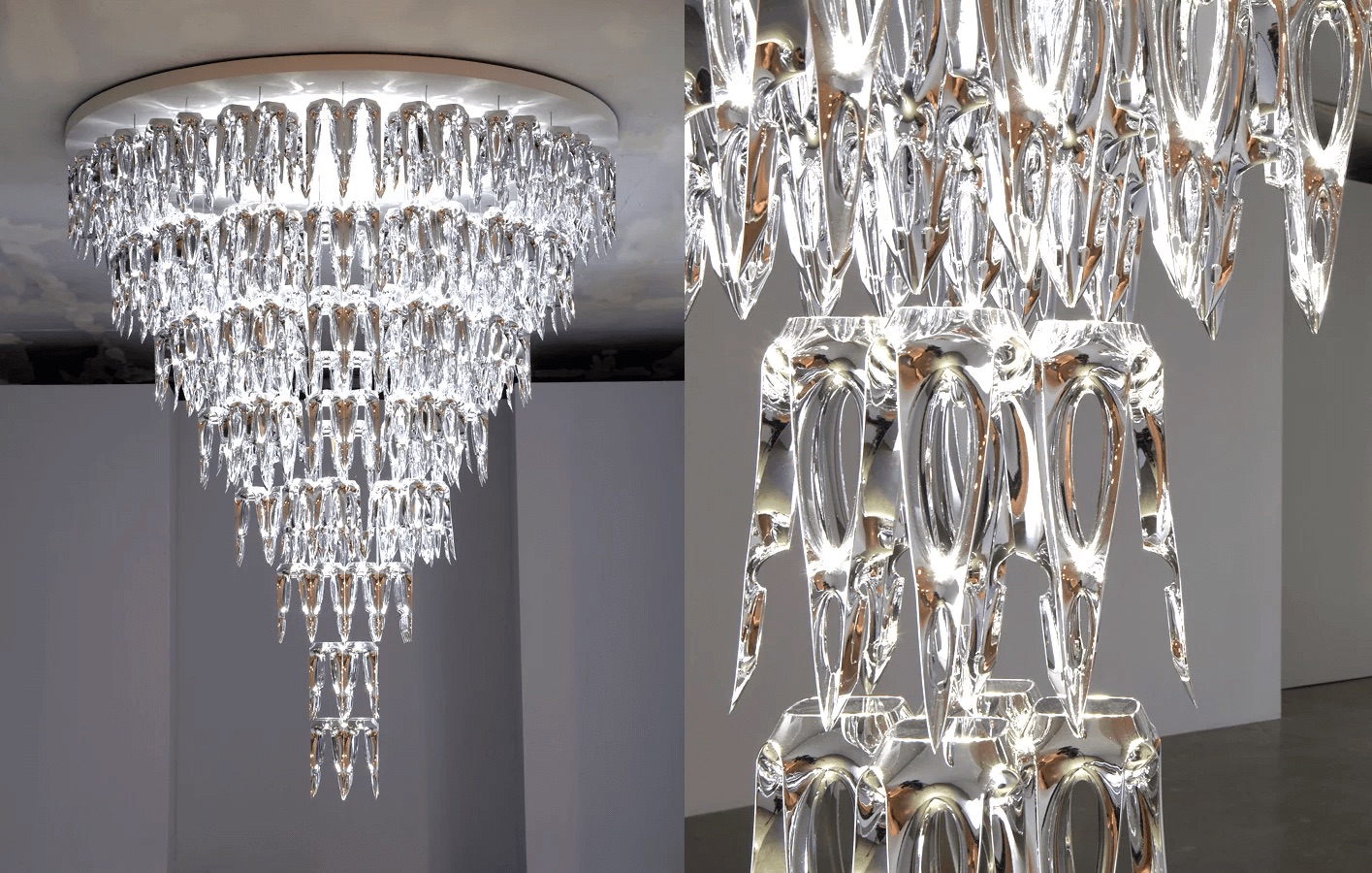 The LQ chandelier installed as a full cascading pendant alongside a detail of the chrome tulip modules