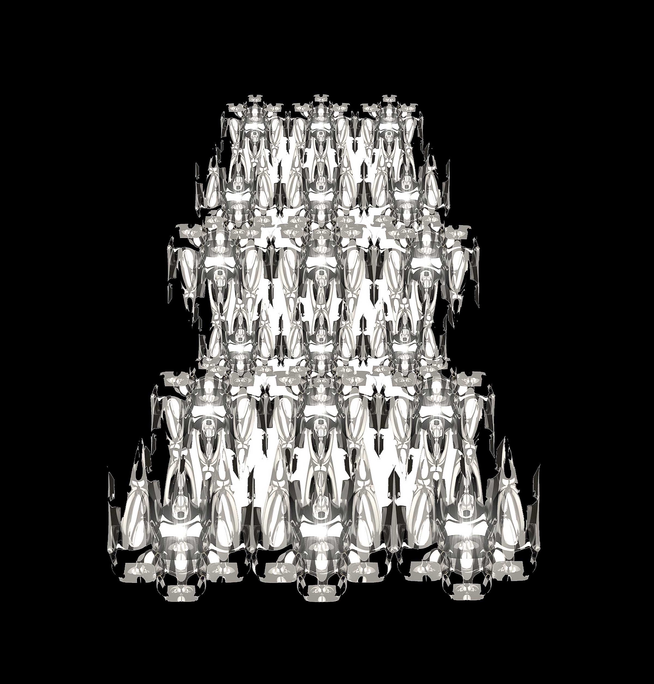 LQ Print — layered composition of prismatic forms and diffracted light fields derived from the chandelier design