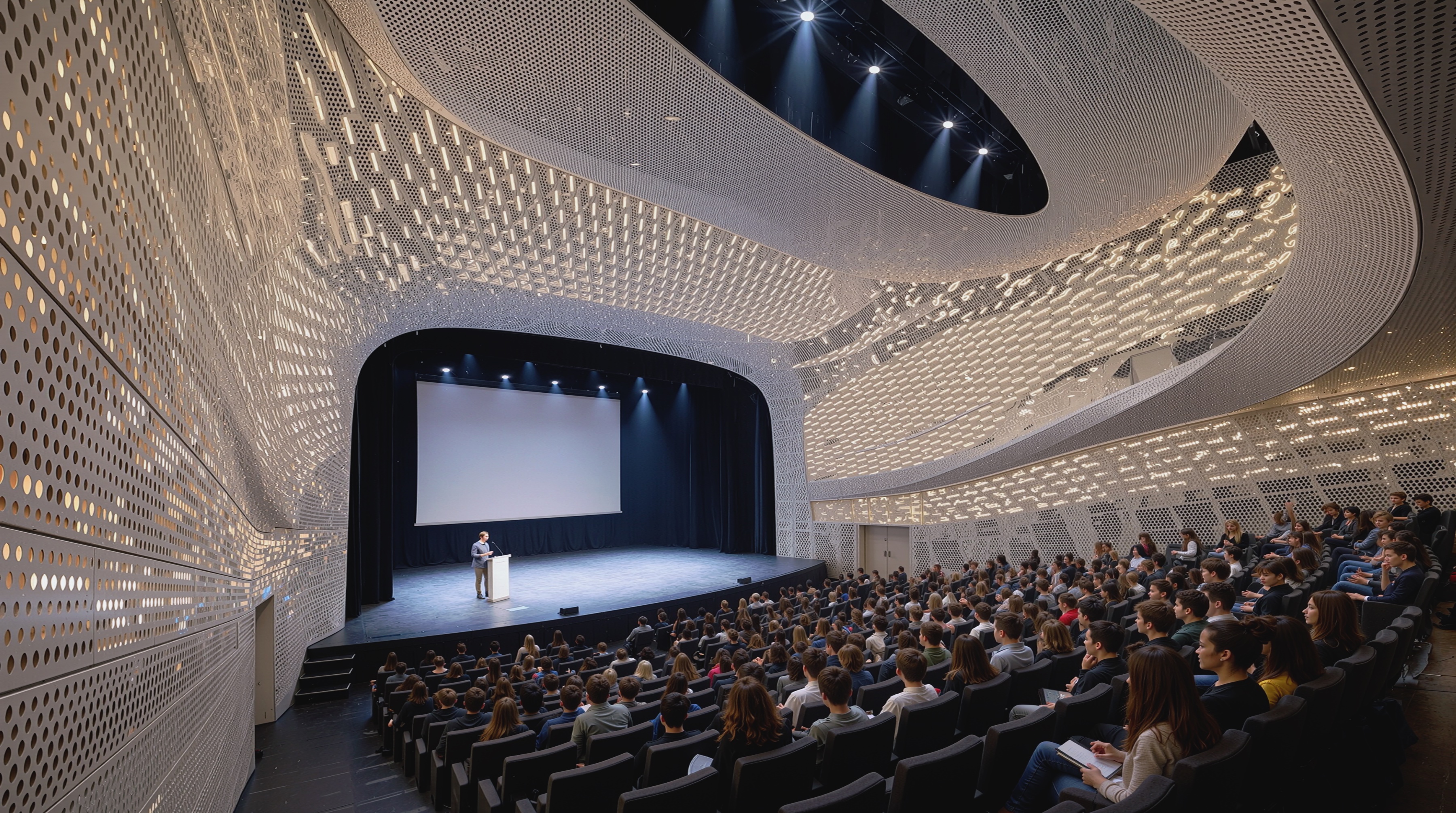 Interior of the auditorium featuring a sweeping perforated white ceiling canopy, dramatic stage lighting, and a full audience of students
