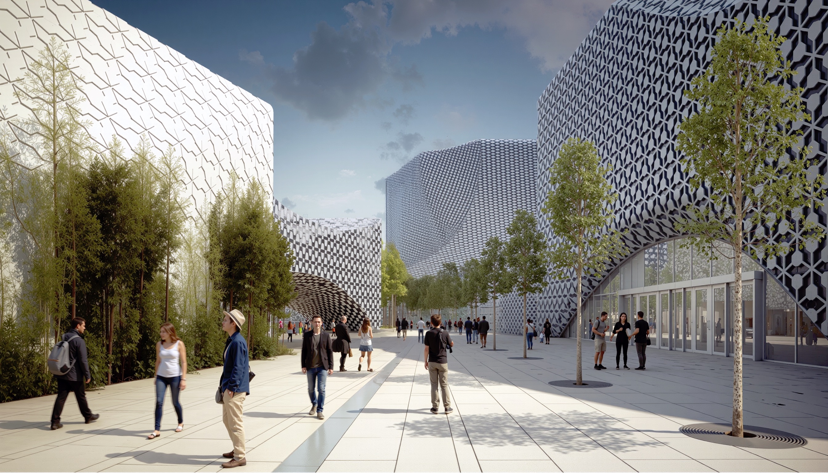 Students and visitors walking along the central pedestrian promenade between geometric patterned facade buildings with bamboo and tree-lined pathways