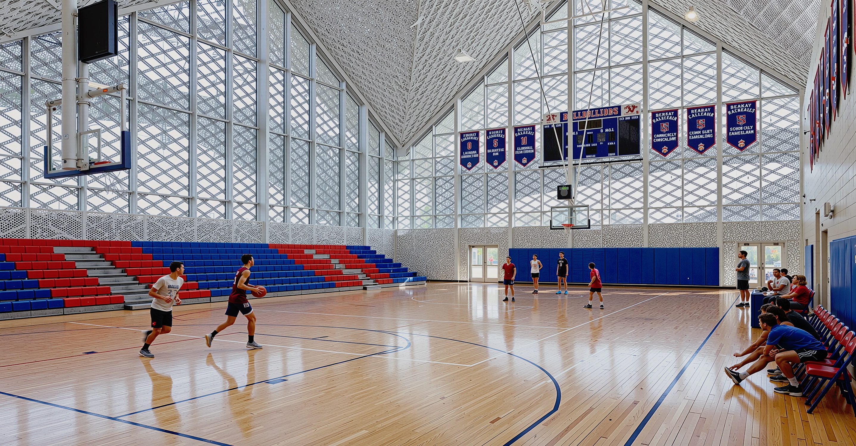Indoor gymnasium with a soaring lattice-patterned glass roof structure, hardwood basketball court, and tiered seating with team banners