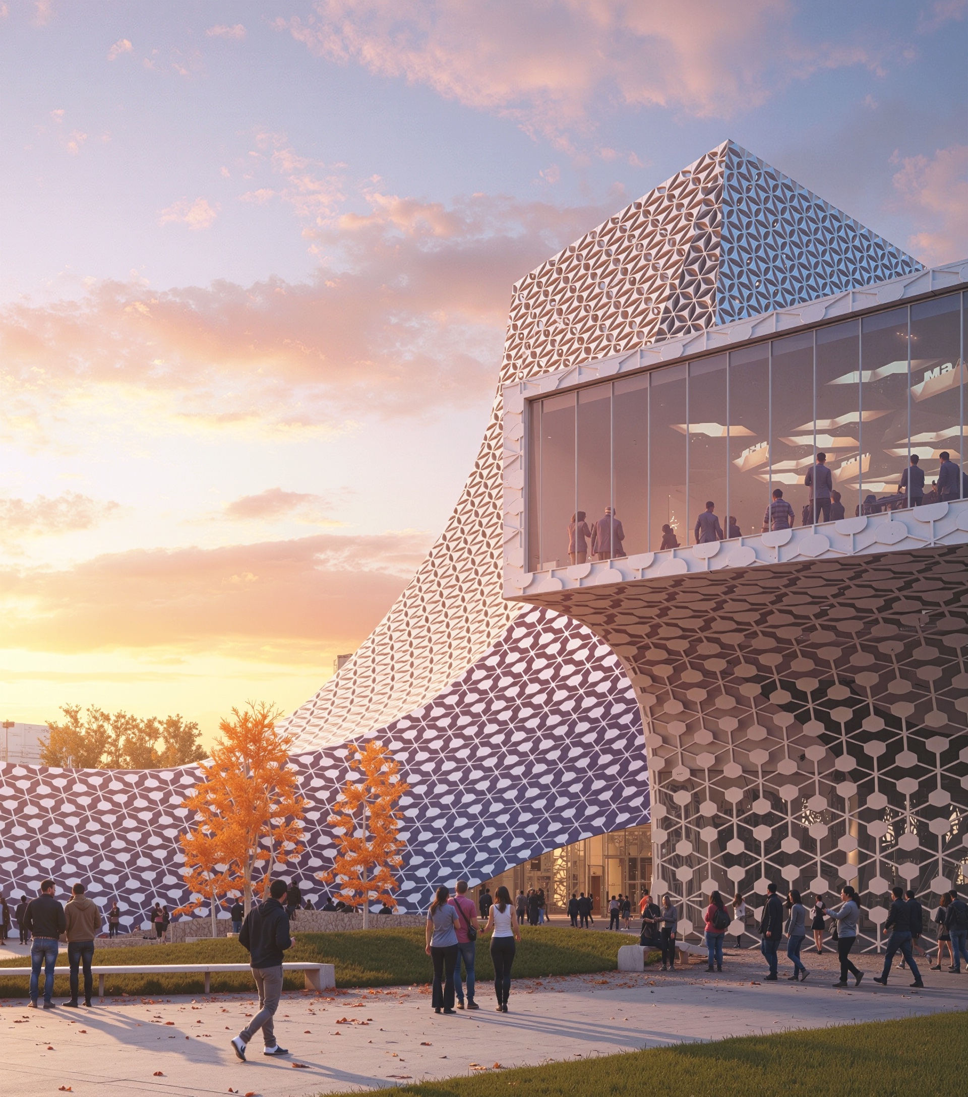 Street-level view of the Lycée Ile de Nantes at sunset with students walking past the sweeping geometric patterned facade and full-height glazing