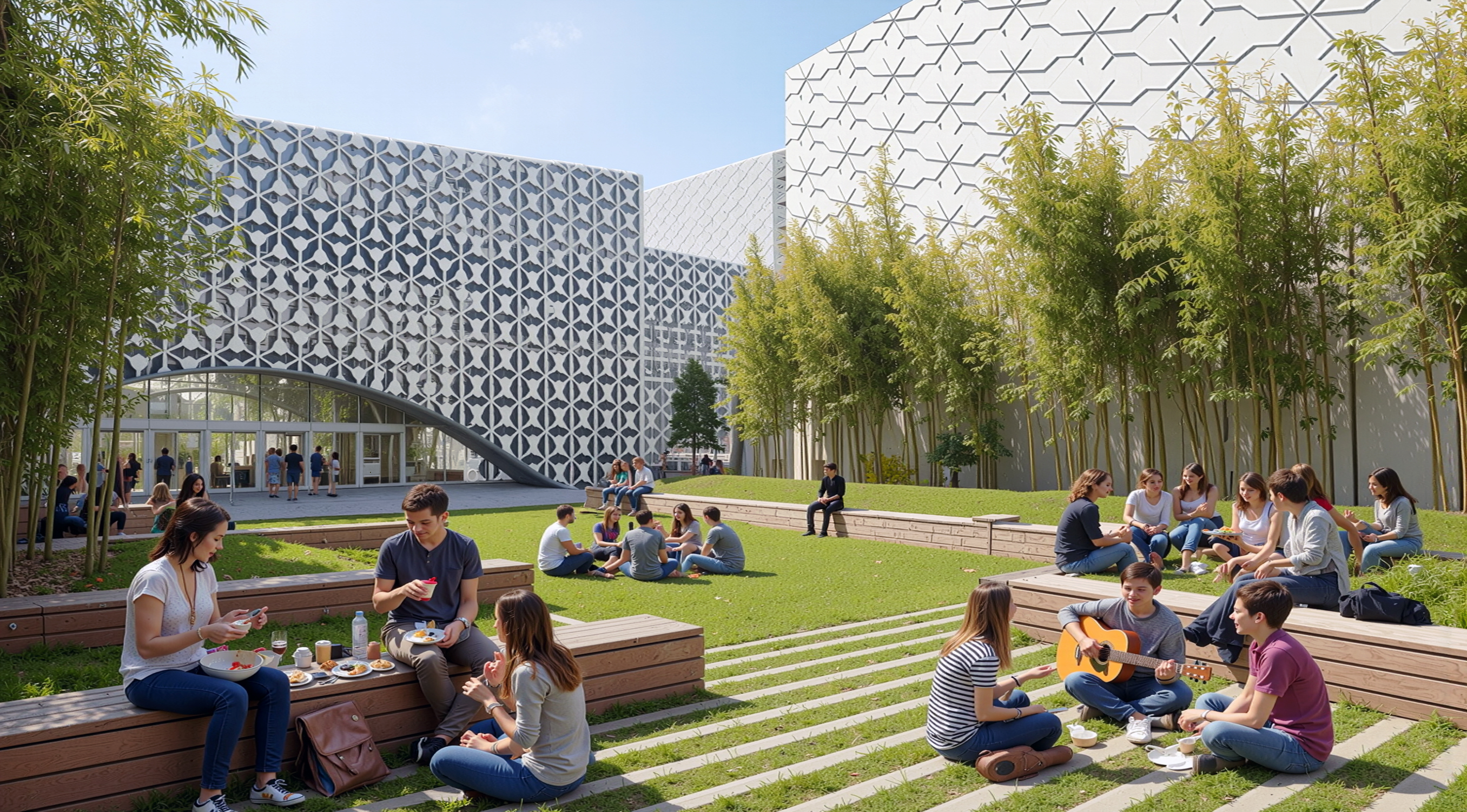 Students relaxing on stepped timber seating in a landscaped courtyard with bamboo plantings and geometric patterned facade buildings surrounding