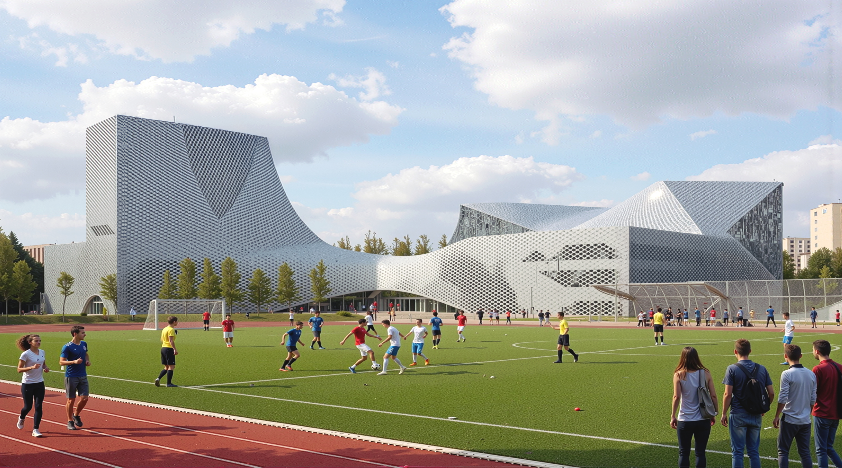 Exterior view from the athletics track with students playing football, the undulating tessellated facade of the campus buildings rising beyond