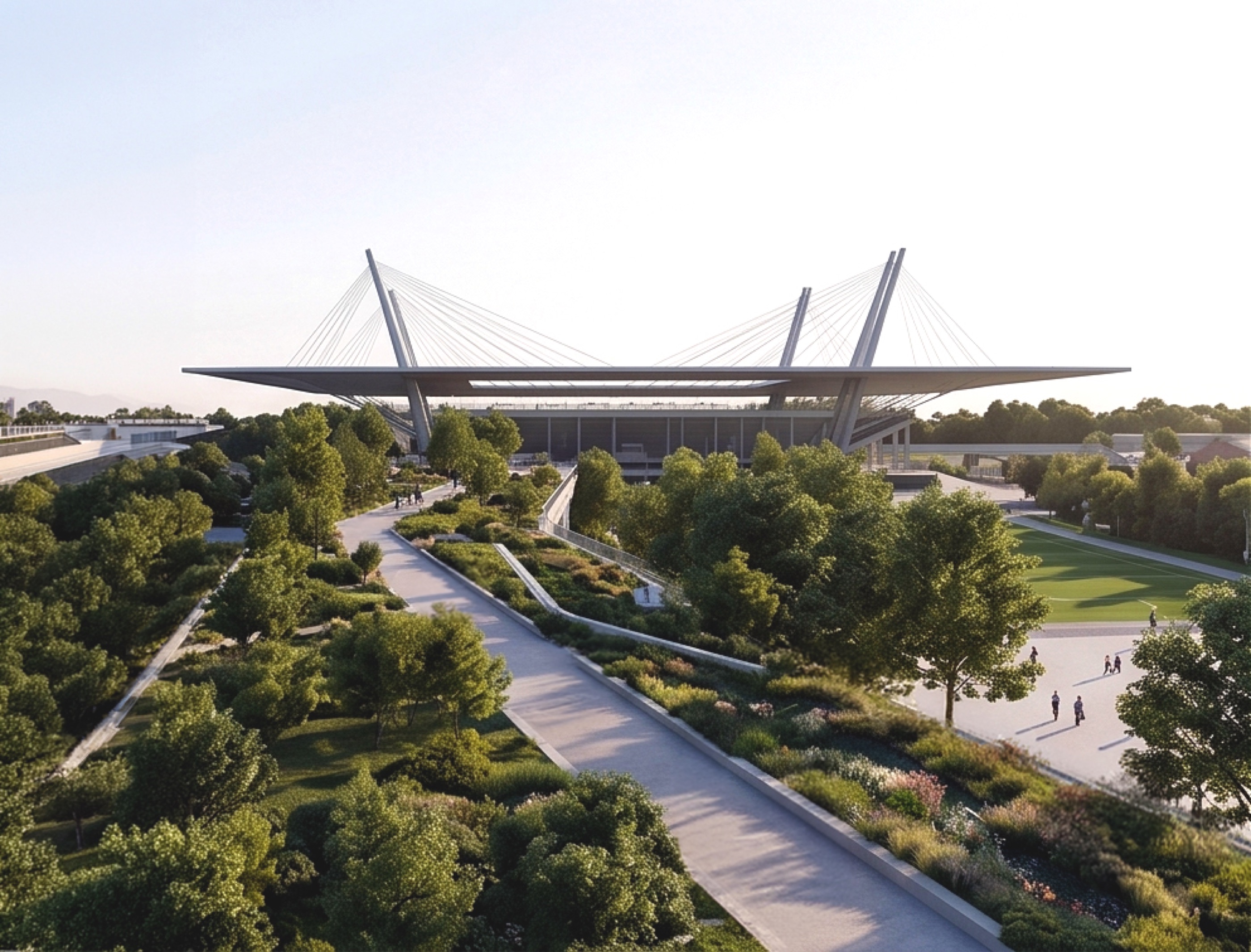Aerial view of the Maksimir Stadium from Maksimir Park — a flat perforated-metal mega-plane held above a true north–south bowl by paired raking mega-piers and cable stays, with the pedestrian spine running through planted terraces toward the south plaza