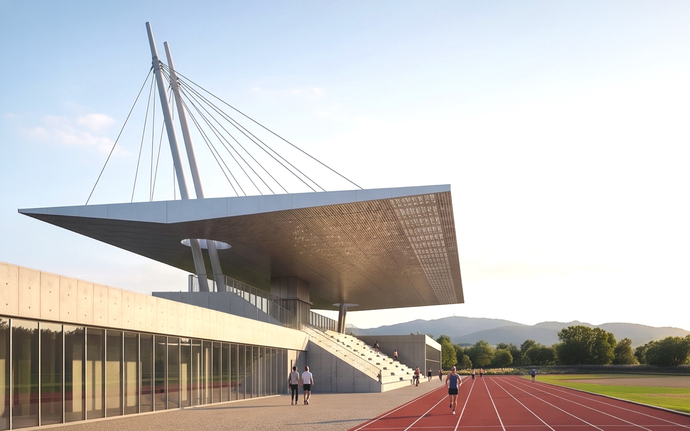 Approach to the Svetice athletics stand — the same flat perforated mega-plane language at smaller scale, cantilevered over the covered seating above the 400 m track, with the service and concourse volumes in board-marked concrete beneath