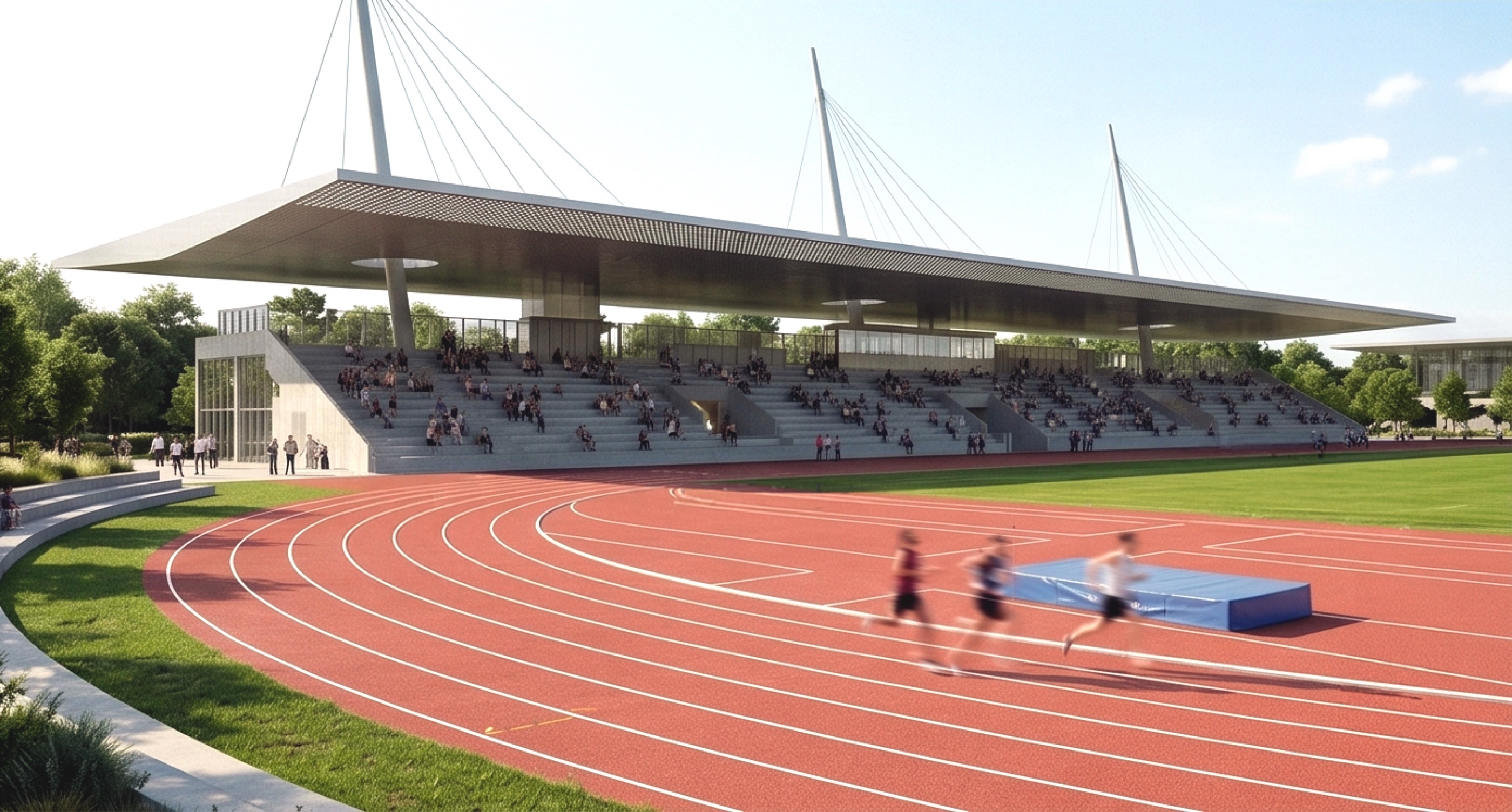 Svetice athletics stadium seen from across the track — athletes running on the eight-lane 400 m track with the covered grandstand under its cable-stayed flat roof beyond