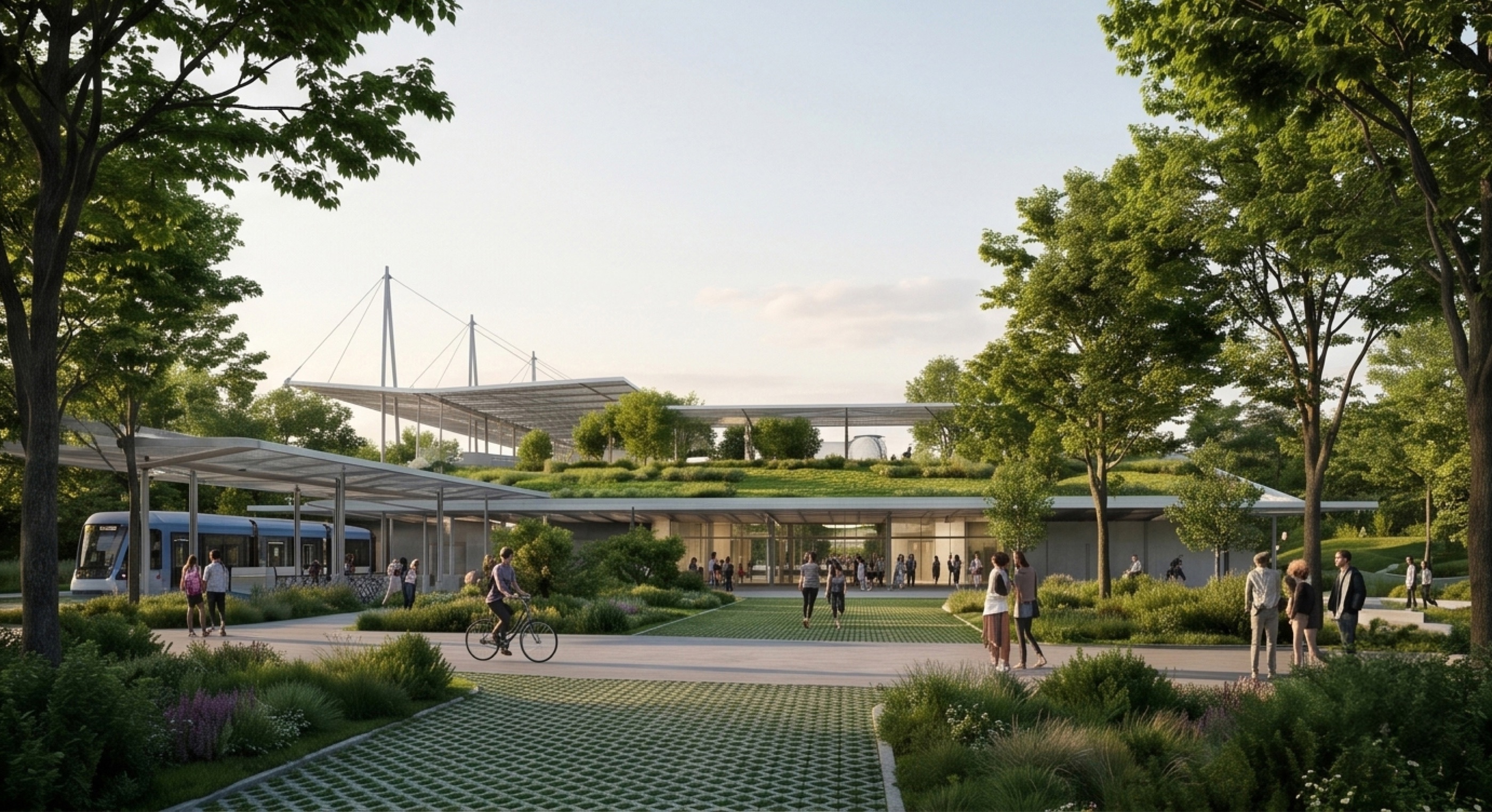 Borongaj transit hub at the southern end — the biosolar green roof over the garage reads as a public event plaza, with tram, bus and pedestrian flows all meeting the stadium approach