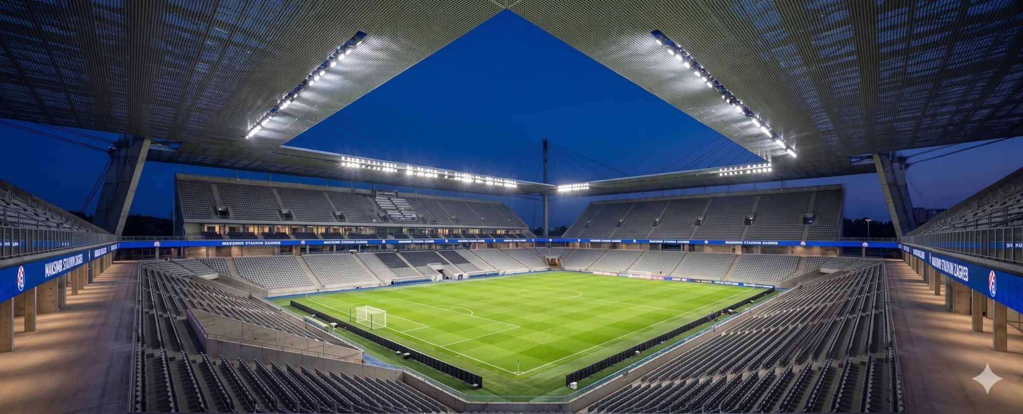 Interior panorama of the Maksimir Stadium bowl at night — the full two-tier seating fills the frame with the pitch at its centre, the paired cantilevered perforated-metal roof planes framing a wedge of sky over the game, floodlights washing the stands