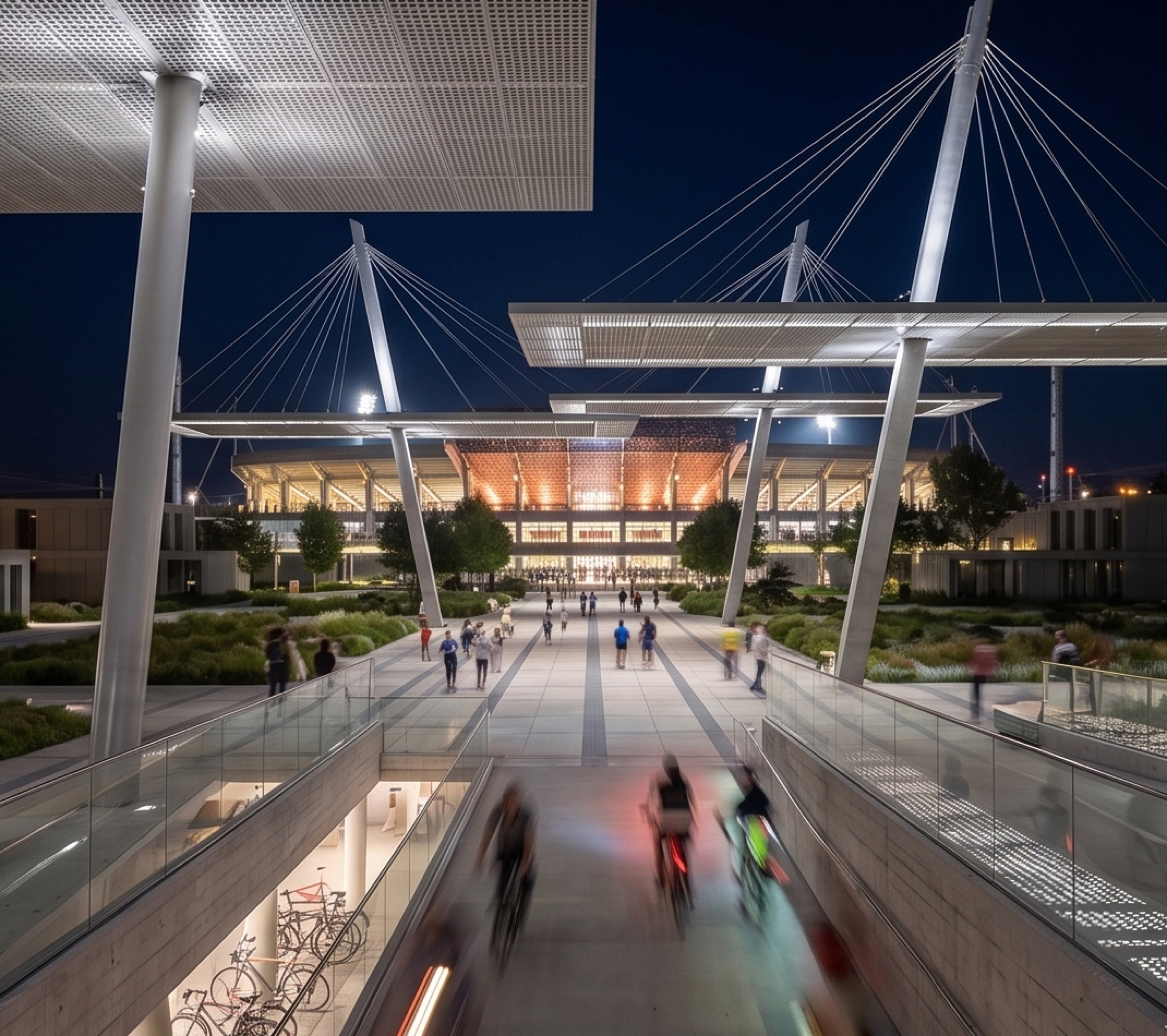 Night view of the stadium arrival from the Borongaj side — the bowl glowing from within, raking masts and cable stays silhouetted against the sky, cyclists descending to the bike hub below the plaza