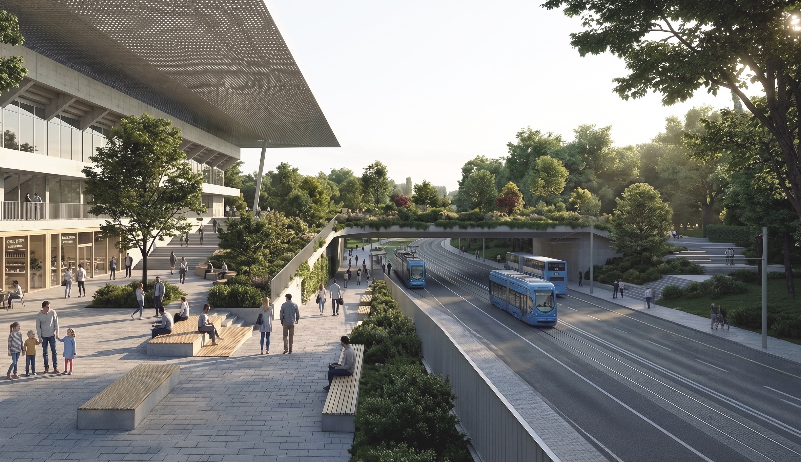 The Social Spine at the stadium's south edge at dusk — tram and bus traffic running in a lowered cut beneath the car-free pedestrian plaza above, with the stadium's living facade and the perforated roof overhead