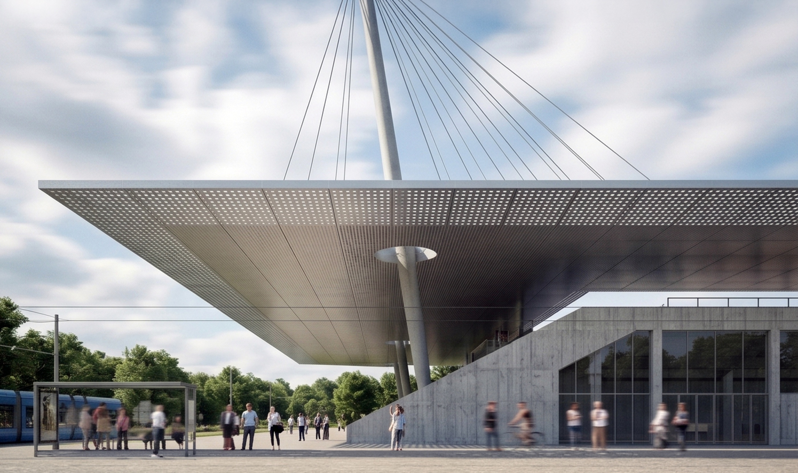 Ground-level view at the south plaza — the perforated-metal mega-plane of the main stadium reads overhead, with cable stays rising to the raking masts and a tram approaching the transit edge below