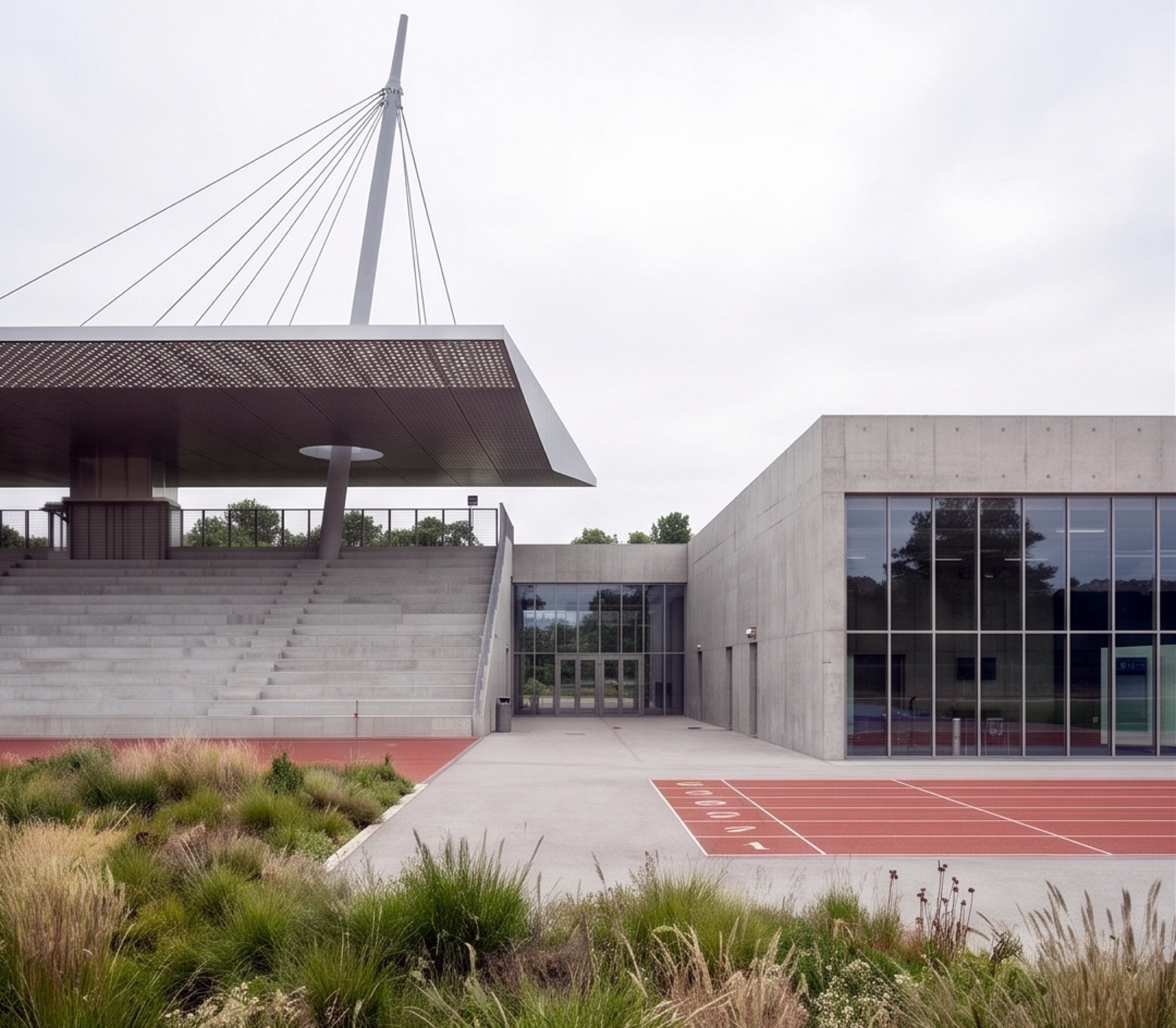 Svetice halls — board-marked concrete volumes holding the handball and multifunctional halls beneath their own flat perforated roof plane, with the raking mega-piers of the athletics stand rising at left