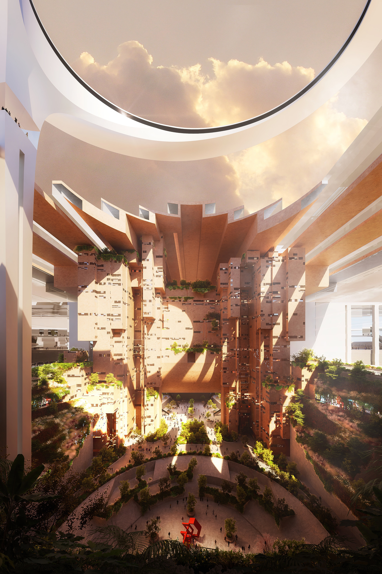 Vertical interior rendering of the canyon-like atrium with terraced sandstone facades, planted balconies, pedestrian plazas, and natural light filtering from above