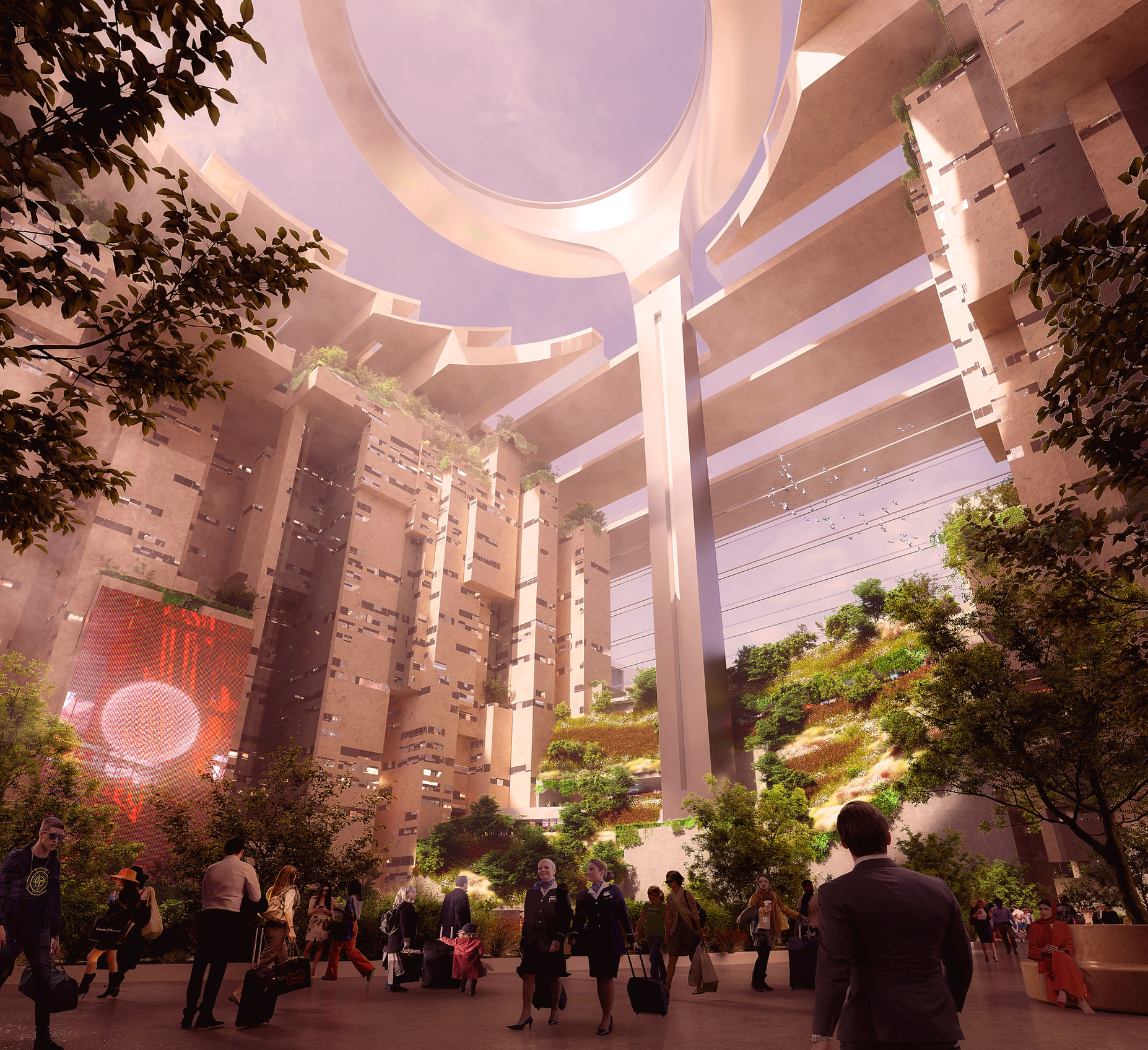Interior view of the monumental atrium with soaring vertical oculus, lush planted terraces, and passengers moving through a light-filled civic space