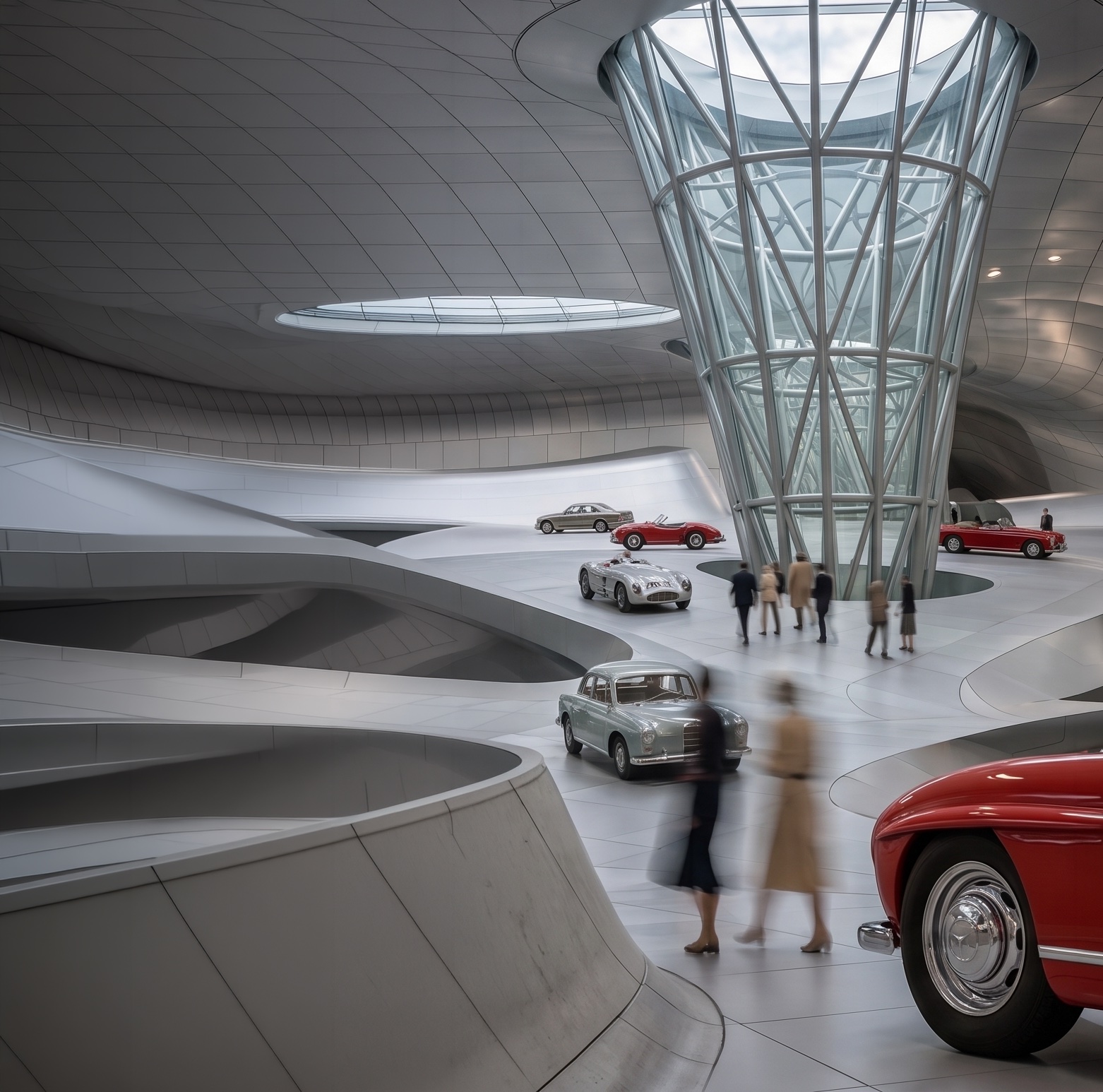 Interior view with visitors and historic Mercedes vehicles within a curving white interior landscape, a tall glazed diagrid lantern rising at the centre and oval skylights set into the ceiling