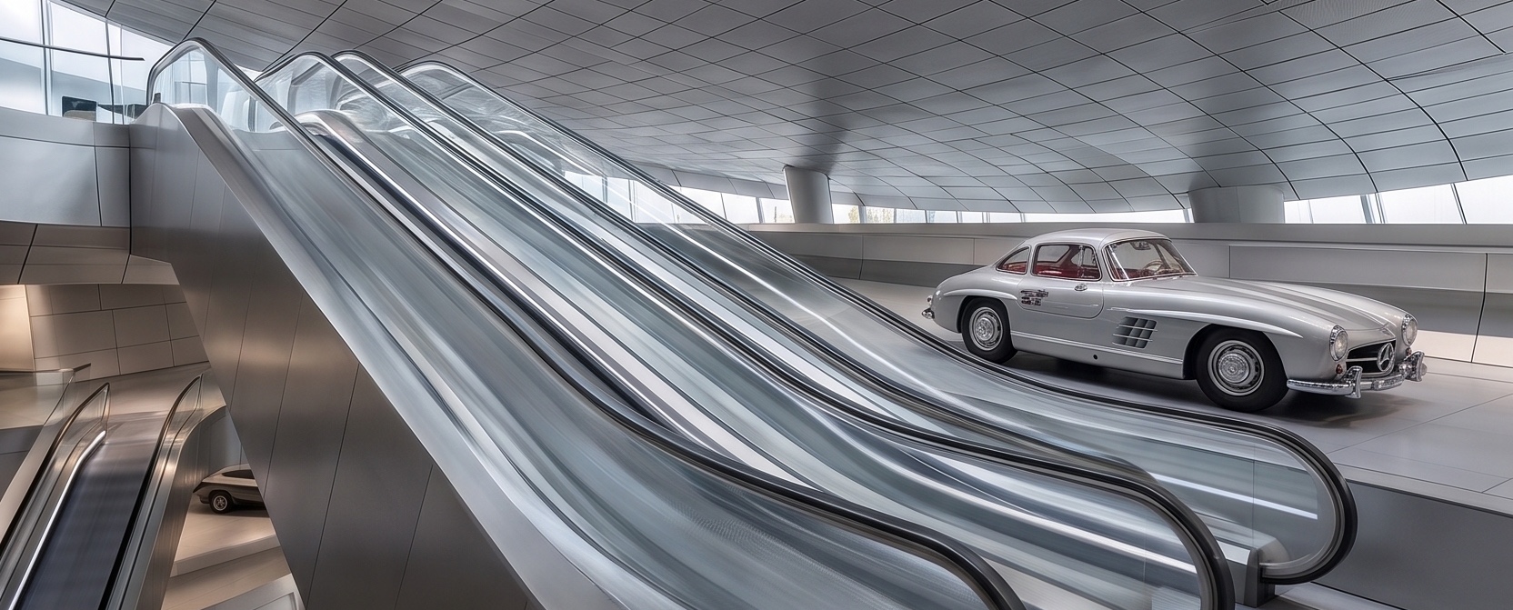 Panoramic interior view of escalators sweeping through the museum with a silver Mercedes-Benz 300SL Gullwing displayed on the polished floor alongside