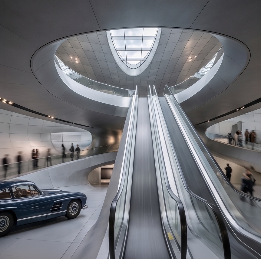 Interior atrium with paired escalators rising through a tall curved-walled void, classic Mercedes vehicles displayed at the lower level, visitors crossing the floor