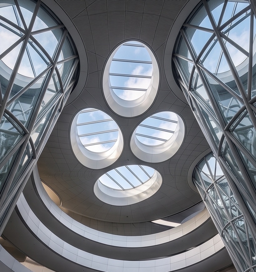 Ceiling view of multiple oval skylights of varying sizes set into a curved metal-clad ceiling plane above a circular gallery
