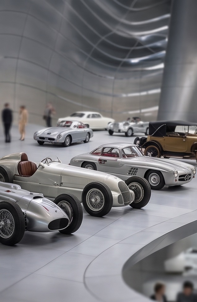 Display arrangement of historic Mercedes-Benz Silver Arrow racing cars on a curved white display platform, with additional vehicles and visitors visible beyond