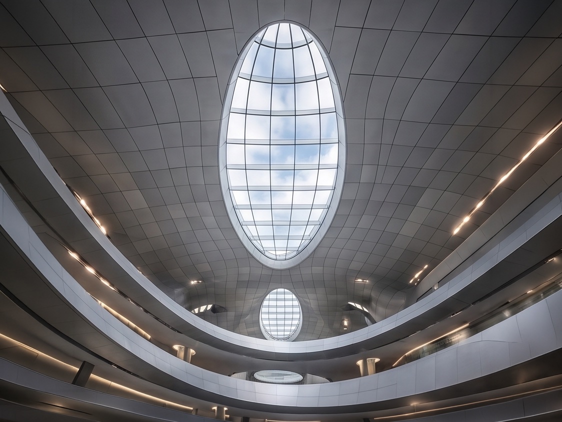 Interior view looking up at a large elliptical skylight with a smaller oval skylight beyond, set into a coffered metal-clad ceiling above curved balcony edges
