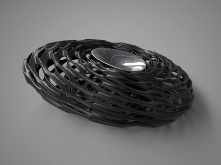 The Fugu vase — a disc-shaped form in black epoxy with layered perforated ribs and a chromed interior revealed at the center