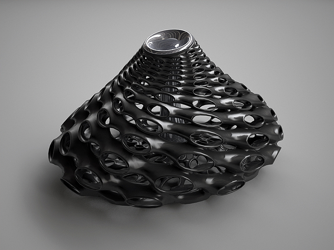 The Ubu vase — a broad conical form in black epoxy with swirling perforations and a chrome-finished interior visible at the apex