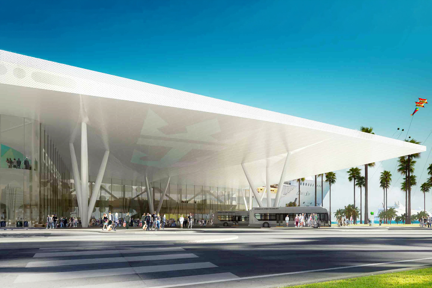 Arrival area beneath the sweeping white canopy with tree-like columns, passengers and buses at the drop-off, a cruise ship docked beyond palm trees