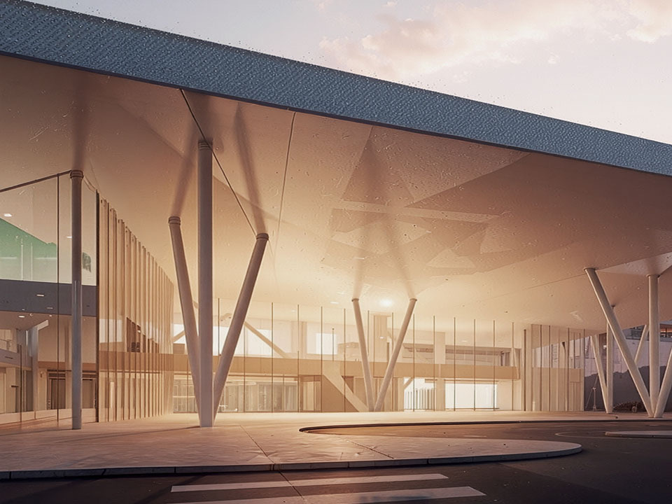 Close-up of the terminal canopy underside at golden hour with V-shaped structural columns, warm light, and glass facades