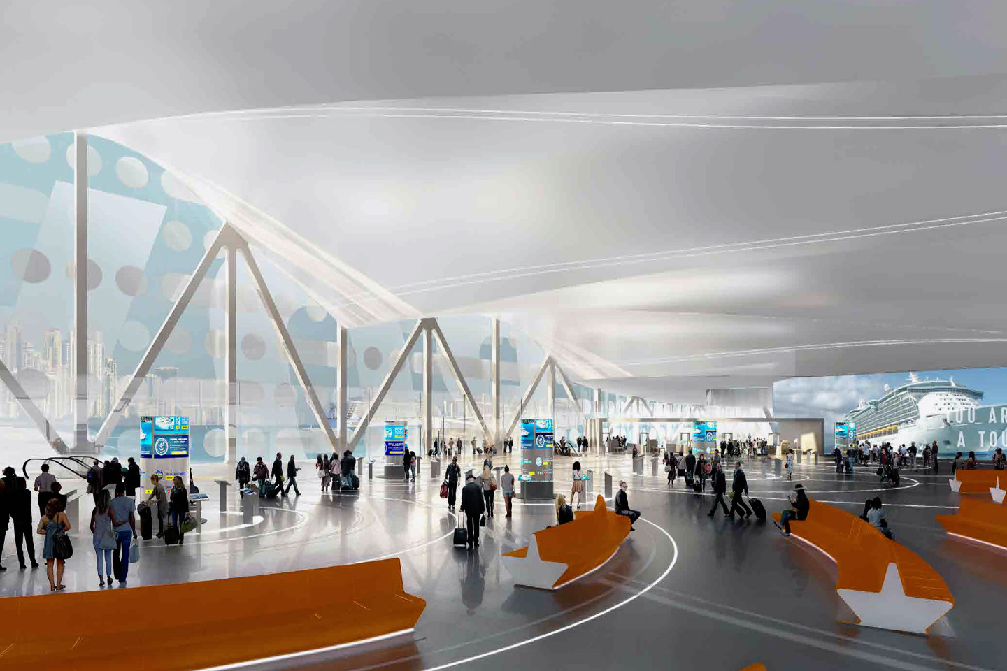 Upper-level departure lounge with angular structural bays framing views of the harbor and cruise ship, orange sculptural seating, digital signage, and passengers in motion