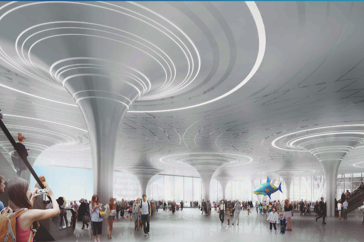 Grand interior embarkation hall with sculptural mushroom-like columns supporting a swirling illuminated ceiling, crowds of passengers on the polished floor