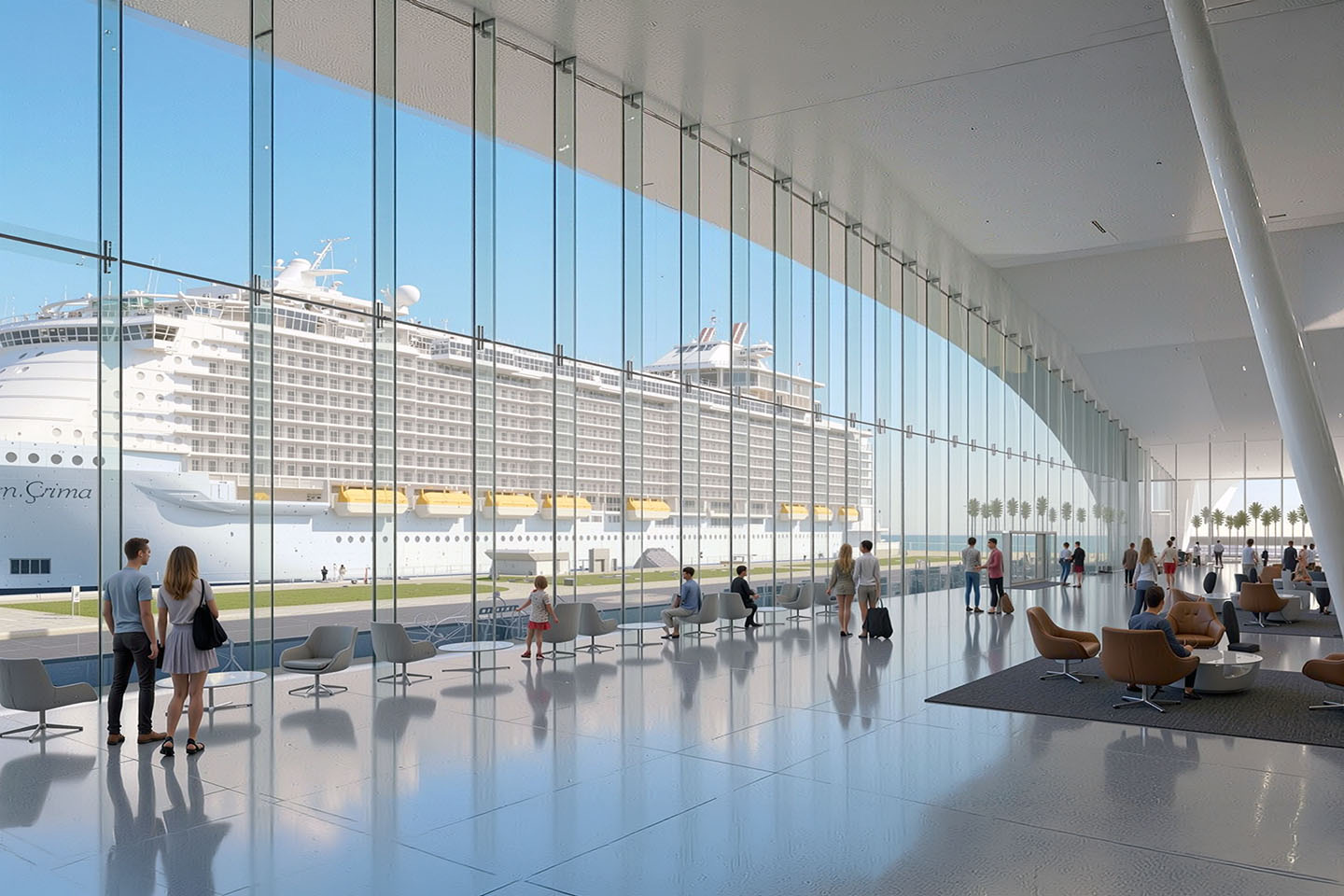 Interior passenger lounge with a sweeping curved glass wall framing a docked cruise ship, modern seating, and travelers enjoying the panoramic harbor view
