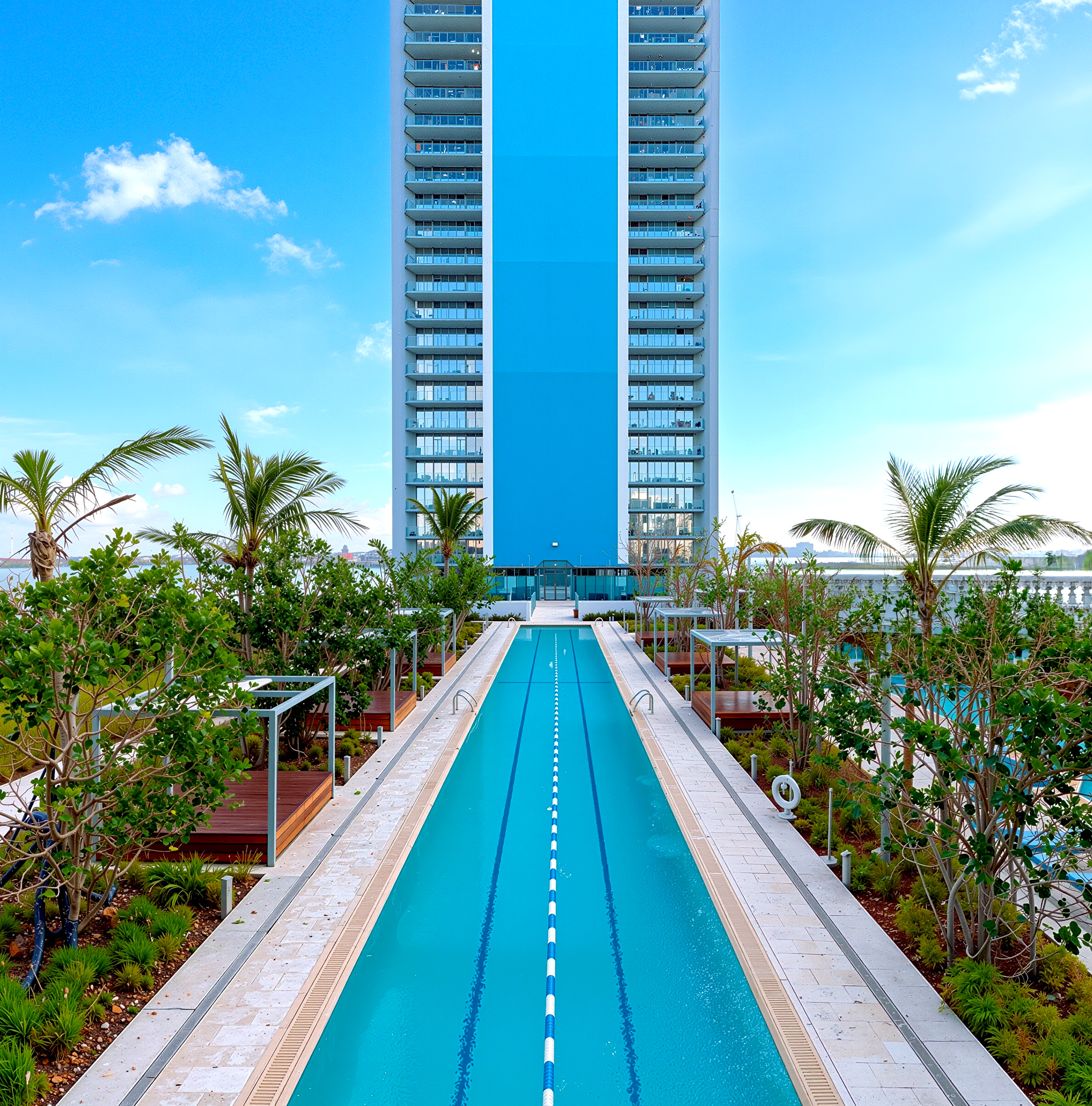 View along the Missoni Baia Olympic-length lap pool toward the tower with palm trees and tropical landscaping on both sides