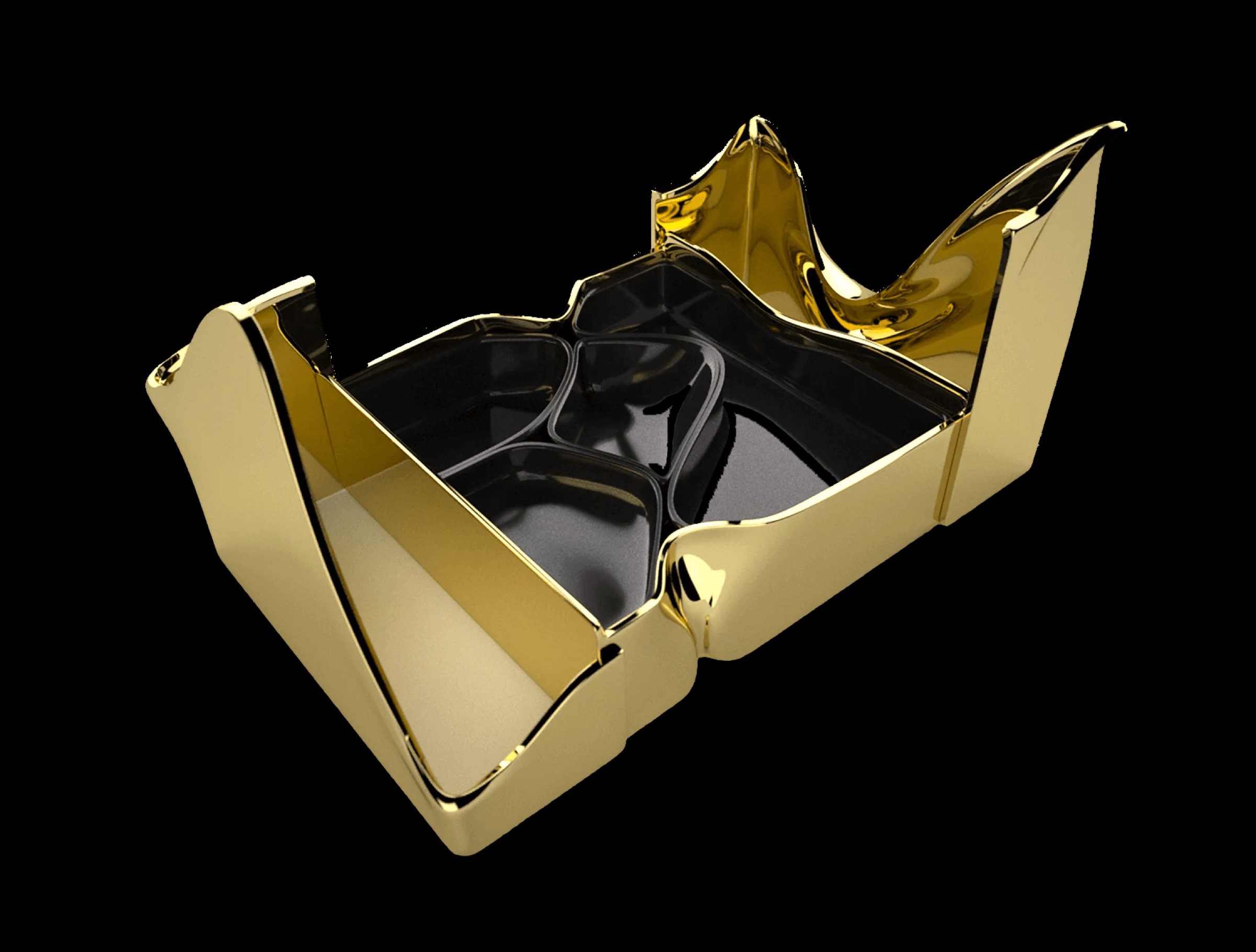 Mnemos 02 opened — angular gold panels fold apart to reveal a black lacquered interior with sculpted compartments