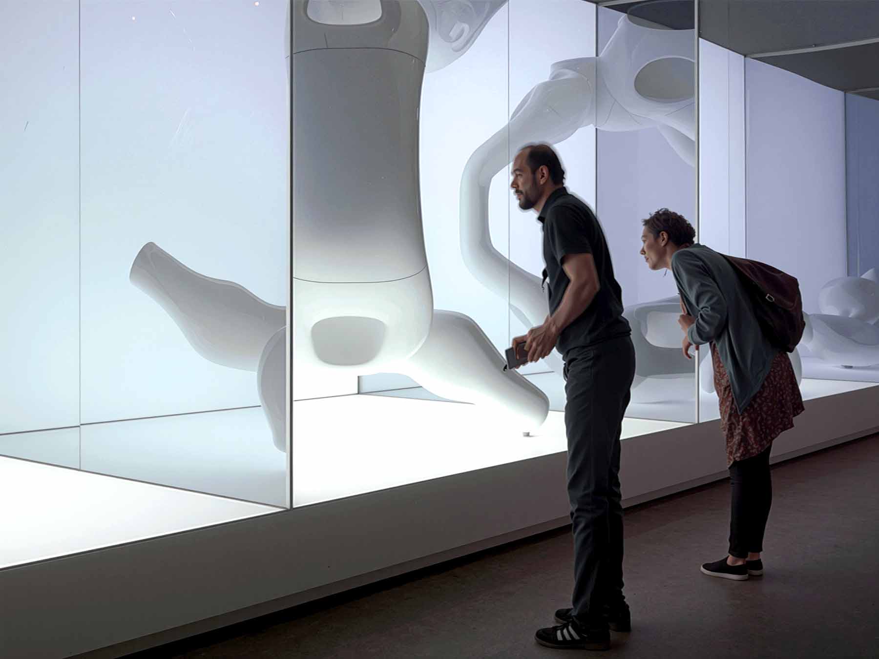 M_Scape sculpture in white fiberglass with reflective phosphorescent coating, studio view