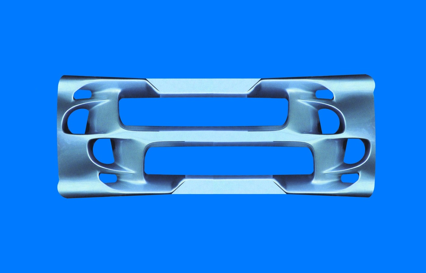 M-Scapes 005 — steel-blue elongated body with rectilinear slots