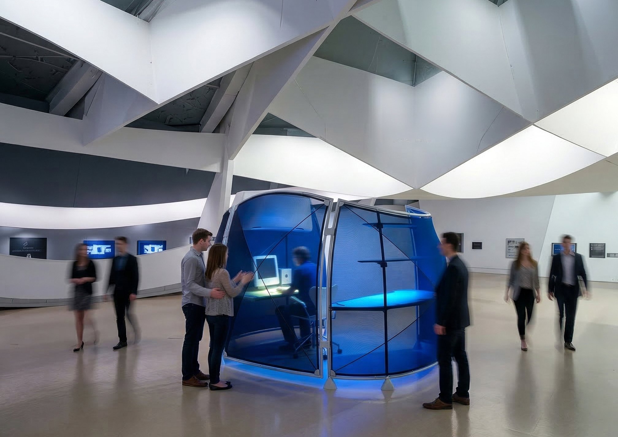Installation view of Approach the Future at the NAI — undulating gridshell structure descending from the gallery ceiling