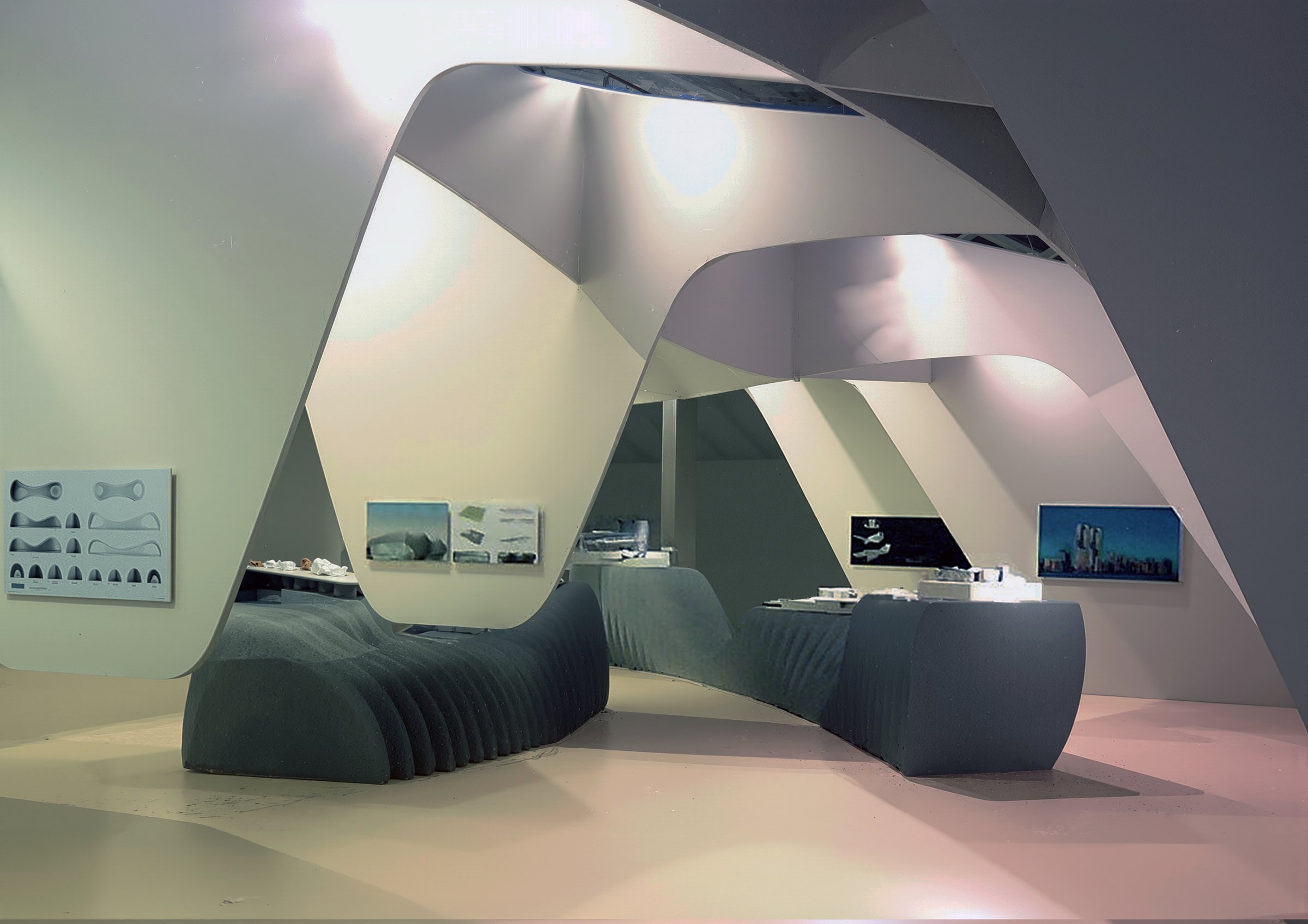 Gallery view showing models, projections, and site-specific installations within the NAI exhibition