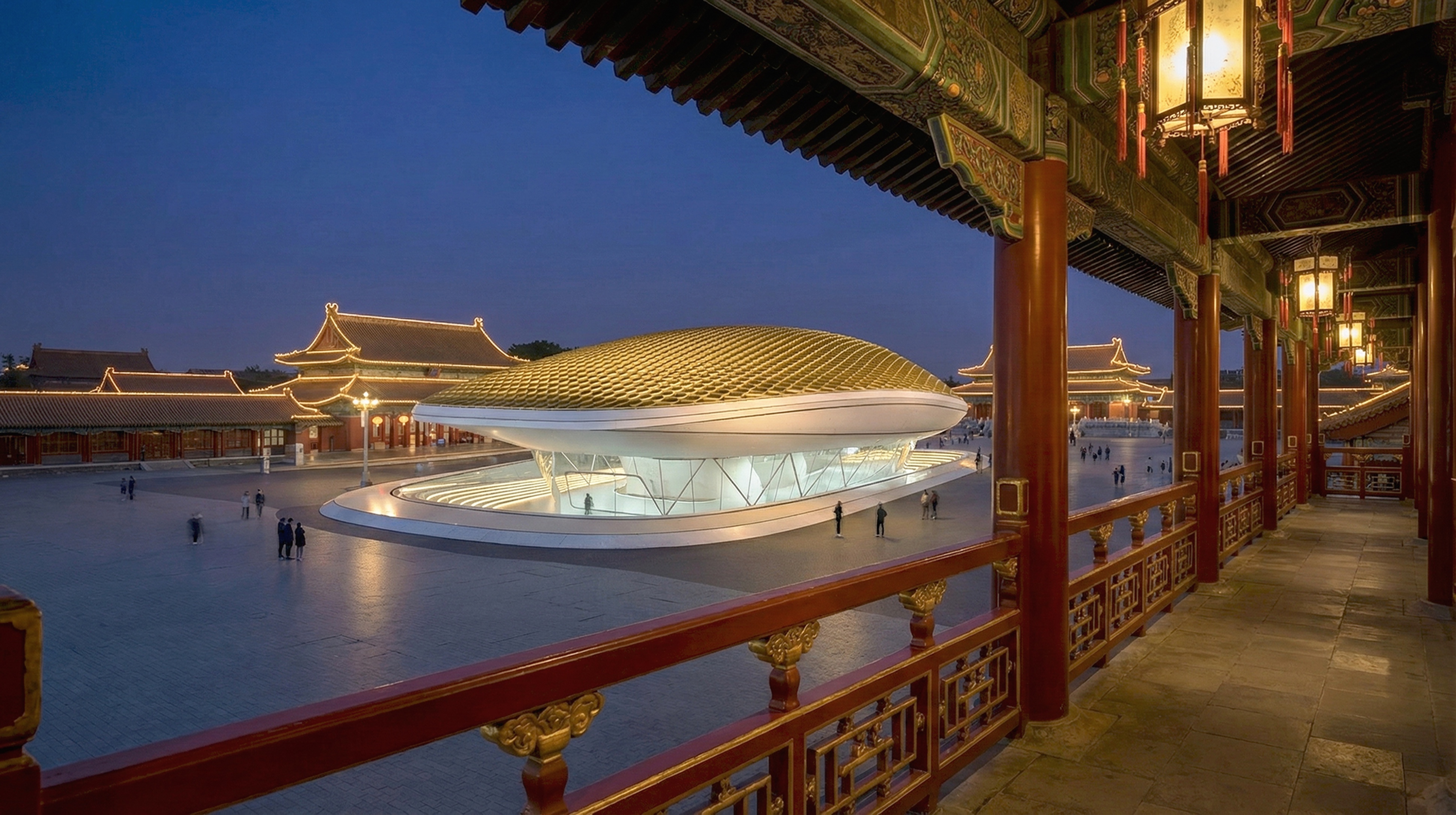 Panoramic dusk view of the National Sports Hall from a traditional Chinese pavilion colonnade showing the illuminated golden dome against the evening sky